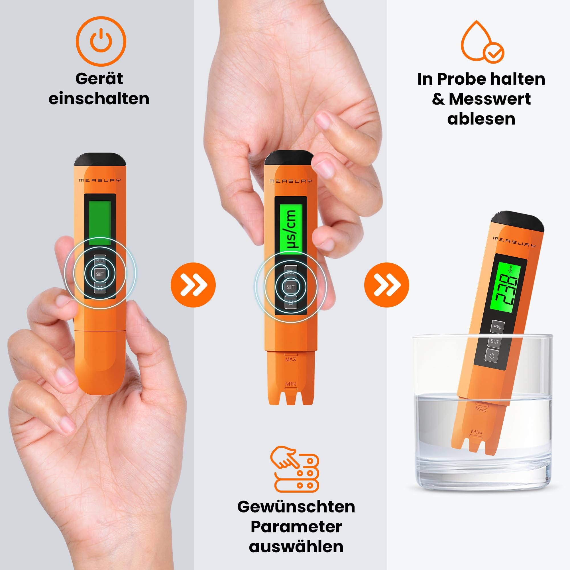 Measury Mikrosiemens Messgerät und PPM Messgerät Wasser, Wassertester Trinkwasser, TDS Messgerät für Trinkwasser, EC Messgerät, Leitwertmessgerät Aquarium - Leitfähigkeitsmessgerät Wasser Tester