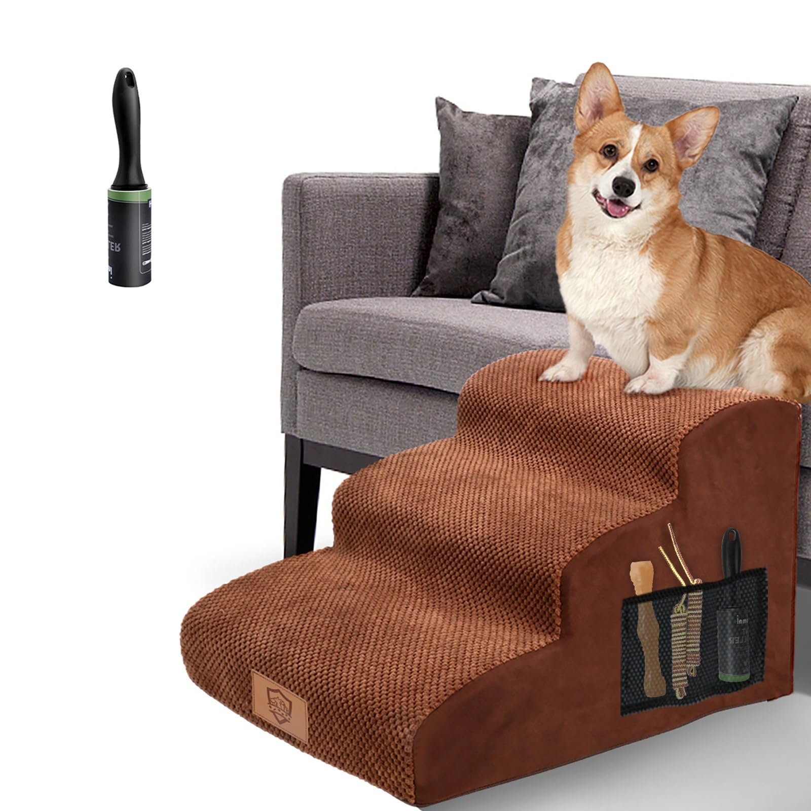 MASTERTOP Scale per Cani a 3 Gradini in Spugna ad Alta Densità 30D, Scala Antiscivolo per Animali Domestici, Scaletta Inclinate Cuccioli per Divano Letto con Fodera Rimovibile e Lavabile (Marrone)