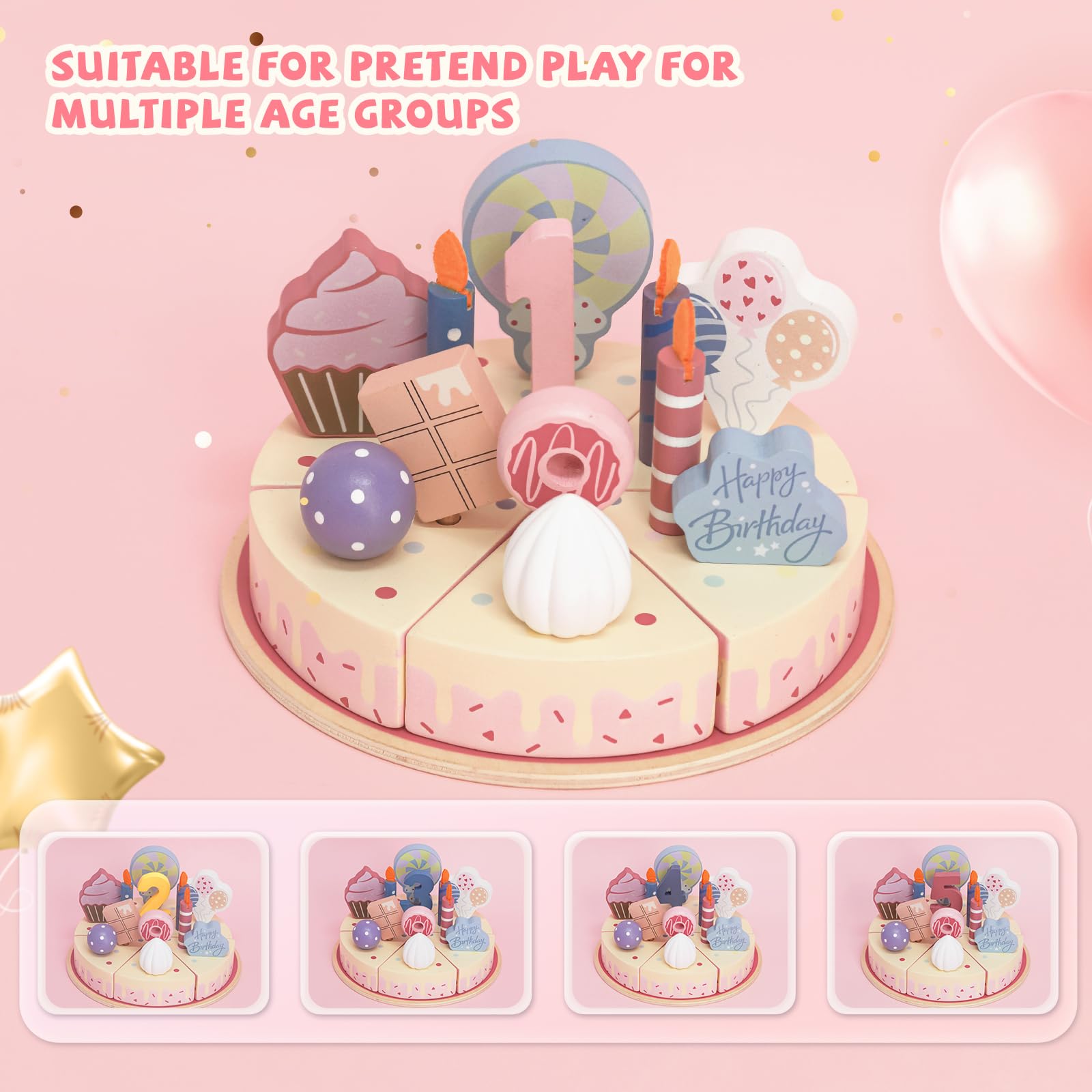 Torta finta di compleanno in legno con candele e numeri, set di torte giocattolo per bambini, torta di compleanno per giochi di finta, giocattoli regalo di compleanno per ragazzi e ragazze