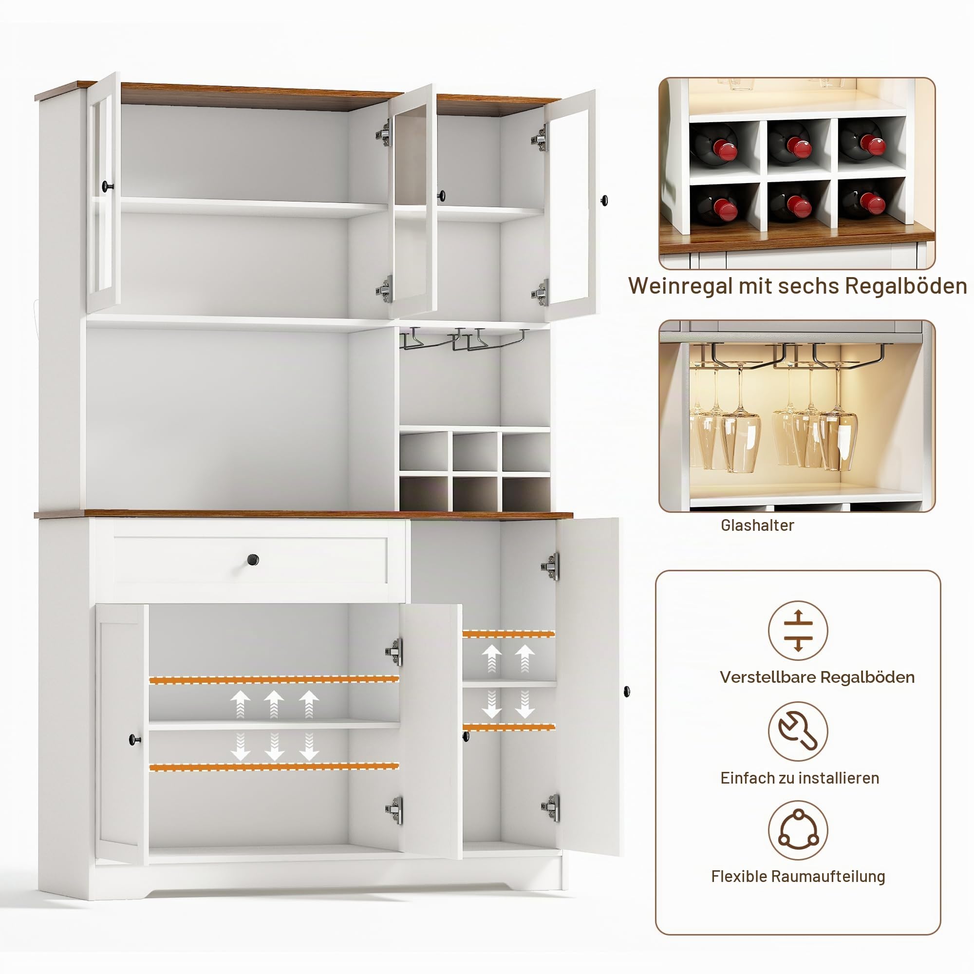 Küchenschrank mit Arbeitsplatte, Buffetschrank mit Weinregal, LED-Licht & Steckdose mit USB, Verstellbare Einlegeböden Anti-Kipp Vorrichtung, Sideboard Küche für Wohnzimmer Esszimmer (Weiß)