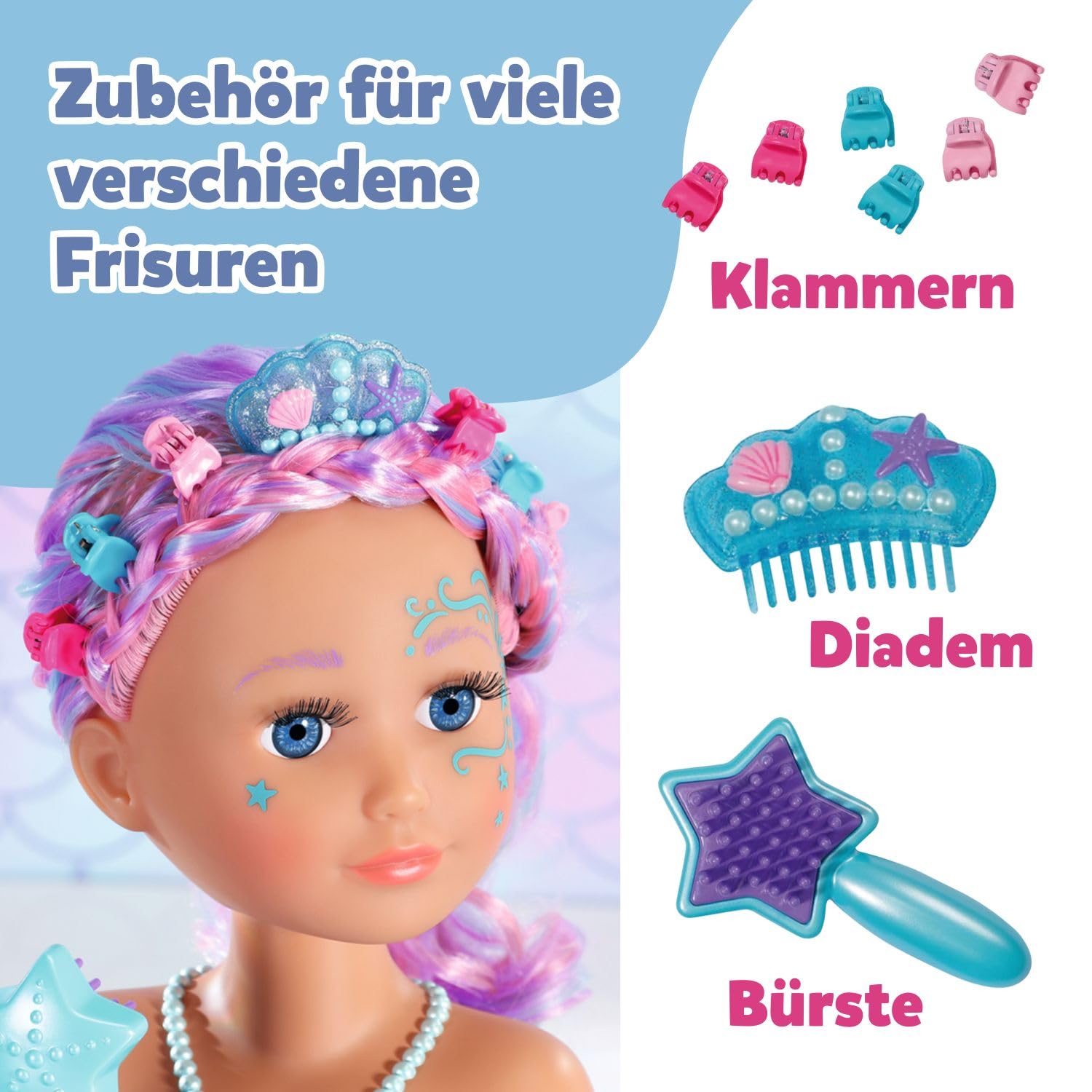 BABY Born Stylingkopf Meerjungfrau - Puppen Schmink- & Frisierkopf für Kinder ab 3 Jahren - Drehbar & für die Badewanne geeignet - Mit Wasserfunktion, Bürste, Diadem & Zubehör