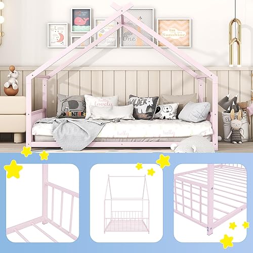 Miniatura 4 de Cama individual para niños, marco de cama individual con cabecero y estribo, cama de metal individual para niños, niñas, niños (rosa)