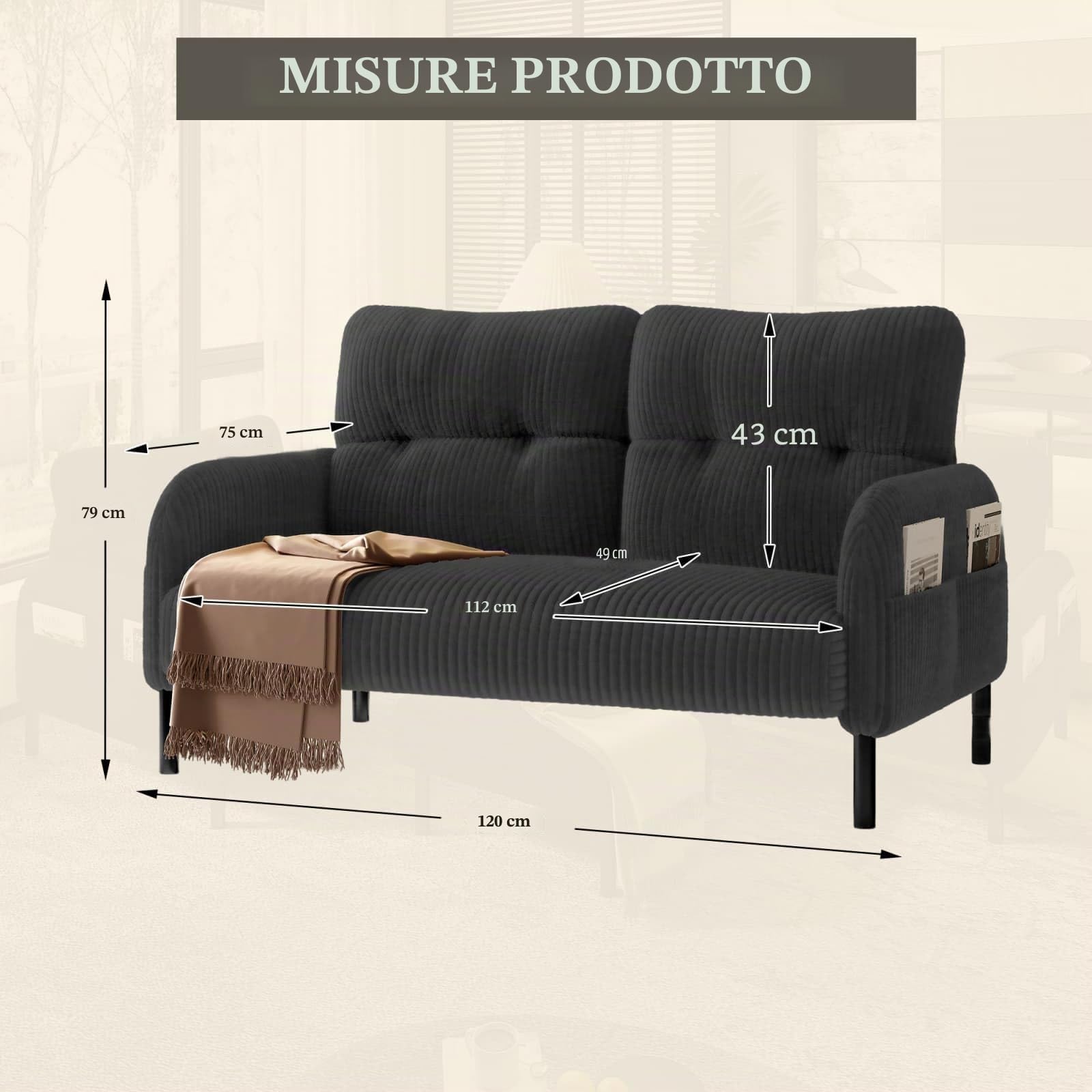 KOMHTOM Piccolo divano a 2 posti in velluto a coste con schienale alto comodo, 4 tasche e gambe in metallo, moderno divano angolare per soggiorno, camera da letto e ufficio (grigio - 2 posti)