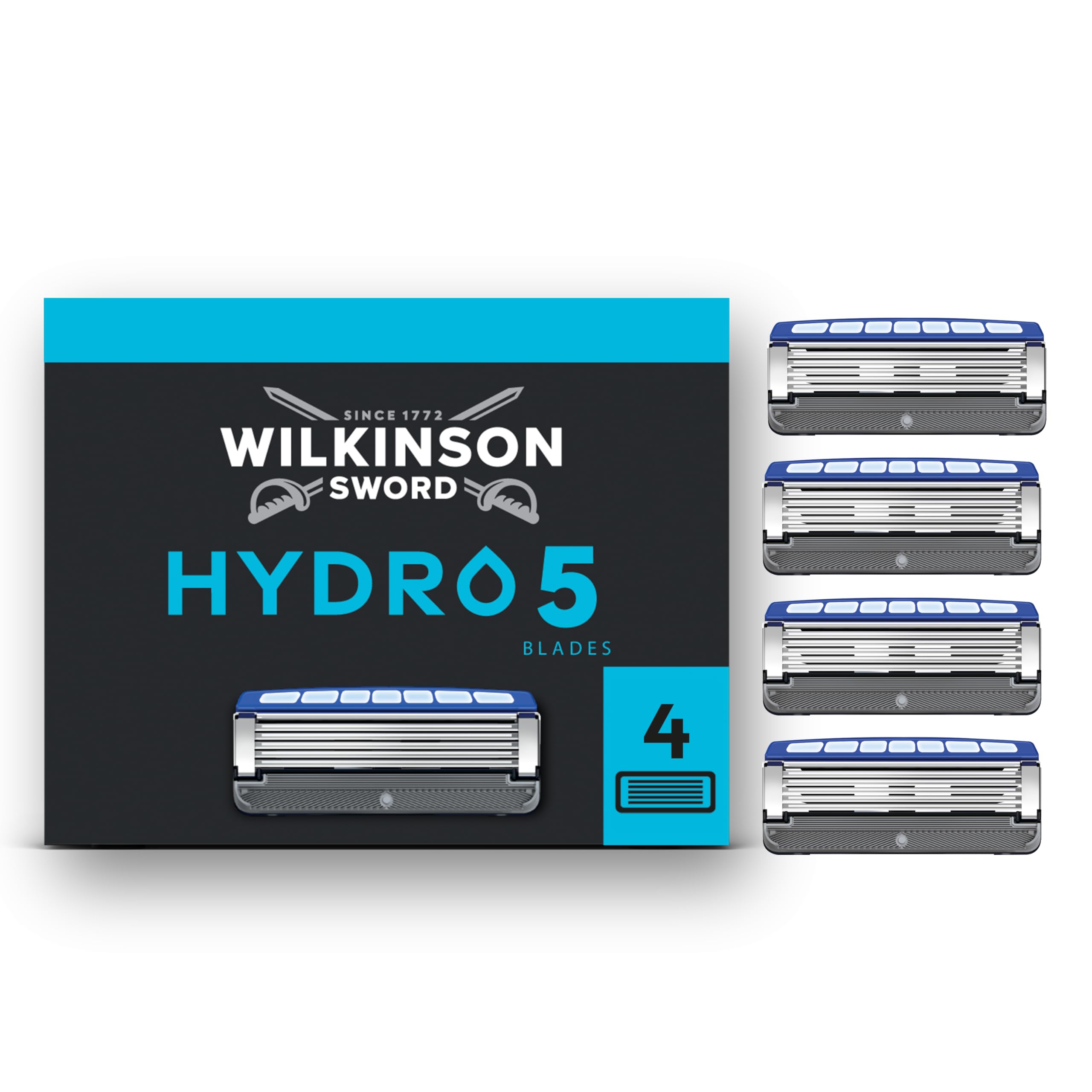 Wilkinson Sword Hydro 5 Razors Blade for Men, Men's Shaver Refill Pack, Skin Hydration, Carbon Coated Blades, 4 Razor Refills
