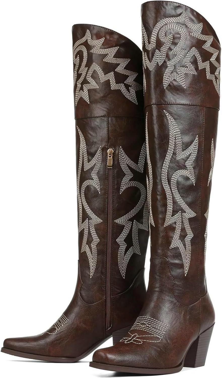 Meefit Women’s Embroidered Over-the-Knee Cowboy Boots – Snip Toe Thigh-High Western Cowgirl Boots with Zipper Wide Calf Classic Tall Shoes