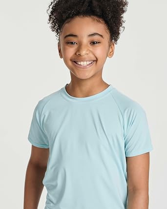 Real Essentials 5 Pack: Girls Rash Guard Swim Shirts Short Sleeve UPF Sun Protection Tops (Ages 4-16)