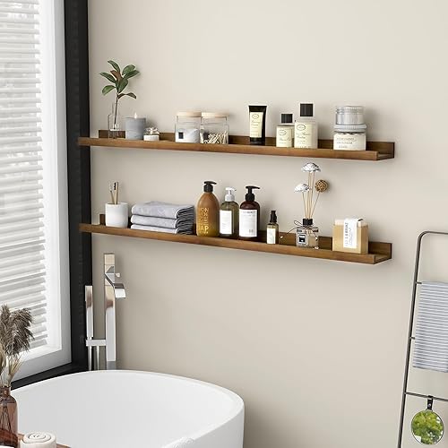 Miniatura 8 de Juego de 2 estantes de pared de 48 pulgadas de ancho, estantes flotantes rústicos de madera de pino maciza para pared para habitación de niños,