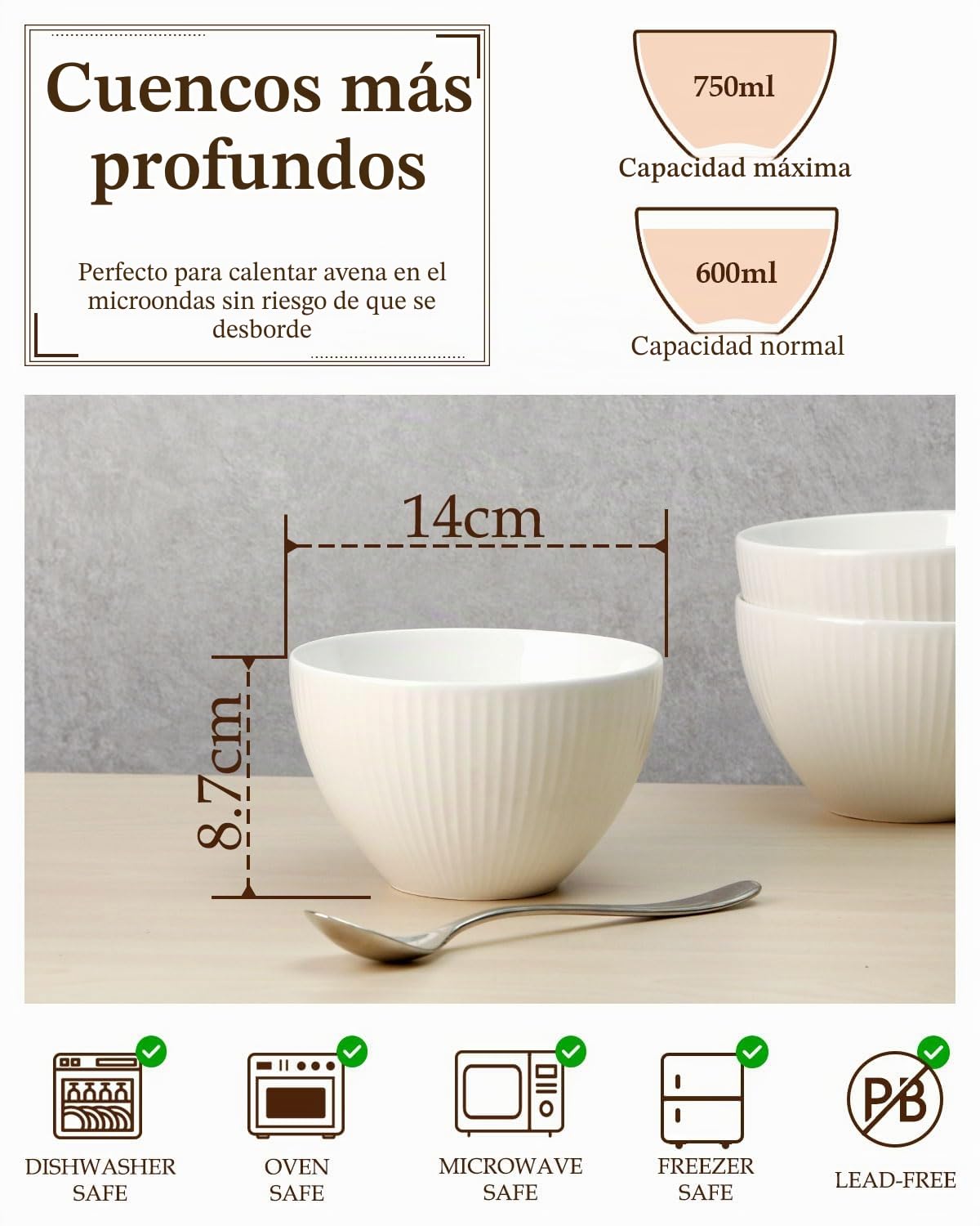 NUTRIUPS Cuencos Profundos para Cereales, 5.5in 750 ml, Cuencos Grandes de Porcelana para Avena, Ensalada, Cuencos blancos, Juego de 6, Aptos para Lavavajillas y Horno