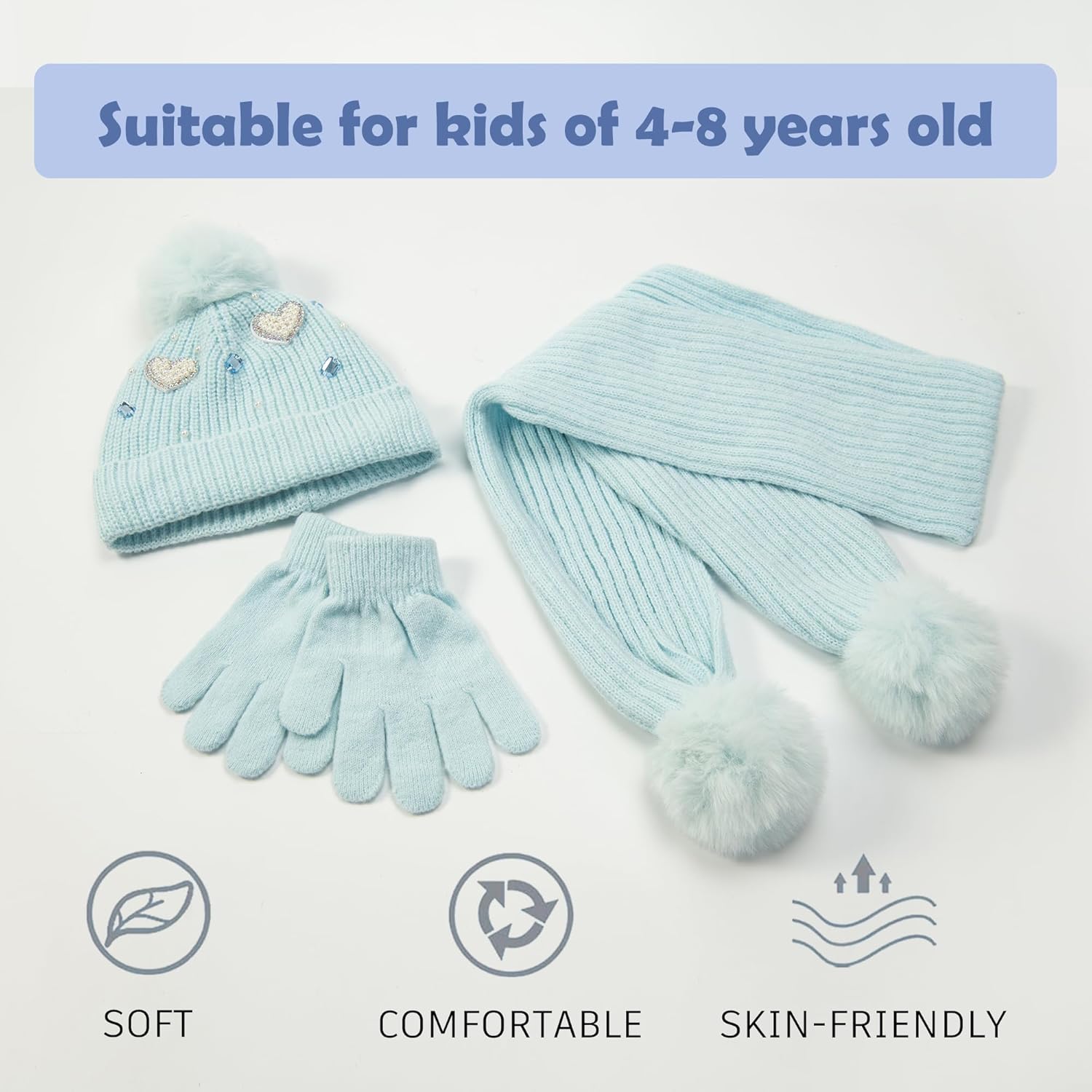 3 Pack Kids Winter Warm Beanie & Scarf Set, Babys Cozy Knit Hat with Light Lined Interior, Girls Cute Soft Cap & Gloves - Image 2