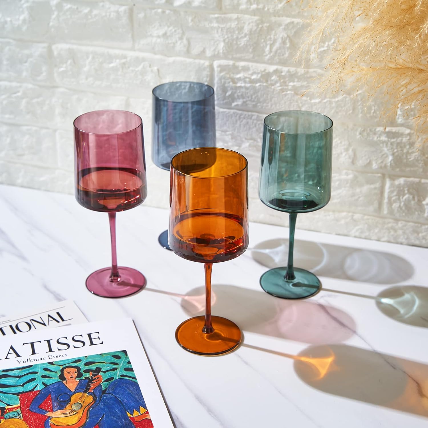 Khen - Colored Muted Colored Glasses - Water & Wine | Set of 4 | Pastel Muted Crystal Glassware, Goblet Cocktails, Red & White, Dinner Color - Stemmed Square Wine Glass Set 13.5oz - Image 6