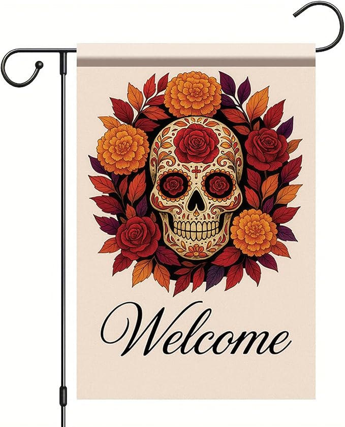 Day of the Dead Garden Flag 12 x 18 Inch Sugar Skull Floral Wreath Yard Banner Double Sided Welcome Outdoor Decoration for Dia de los Muertos Halloween Porch Lawn
