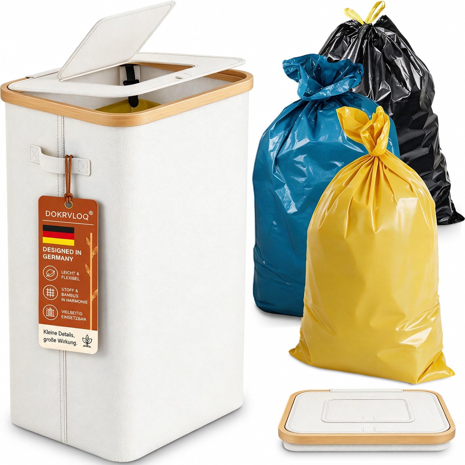 Support pour sac poubelle jaune stable avec couvercle – Grande poubelle rectangulaire de 100 litres blanche – Idéale pour la cuisine, les déchets généraux et recyclables