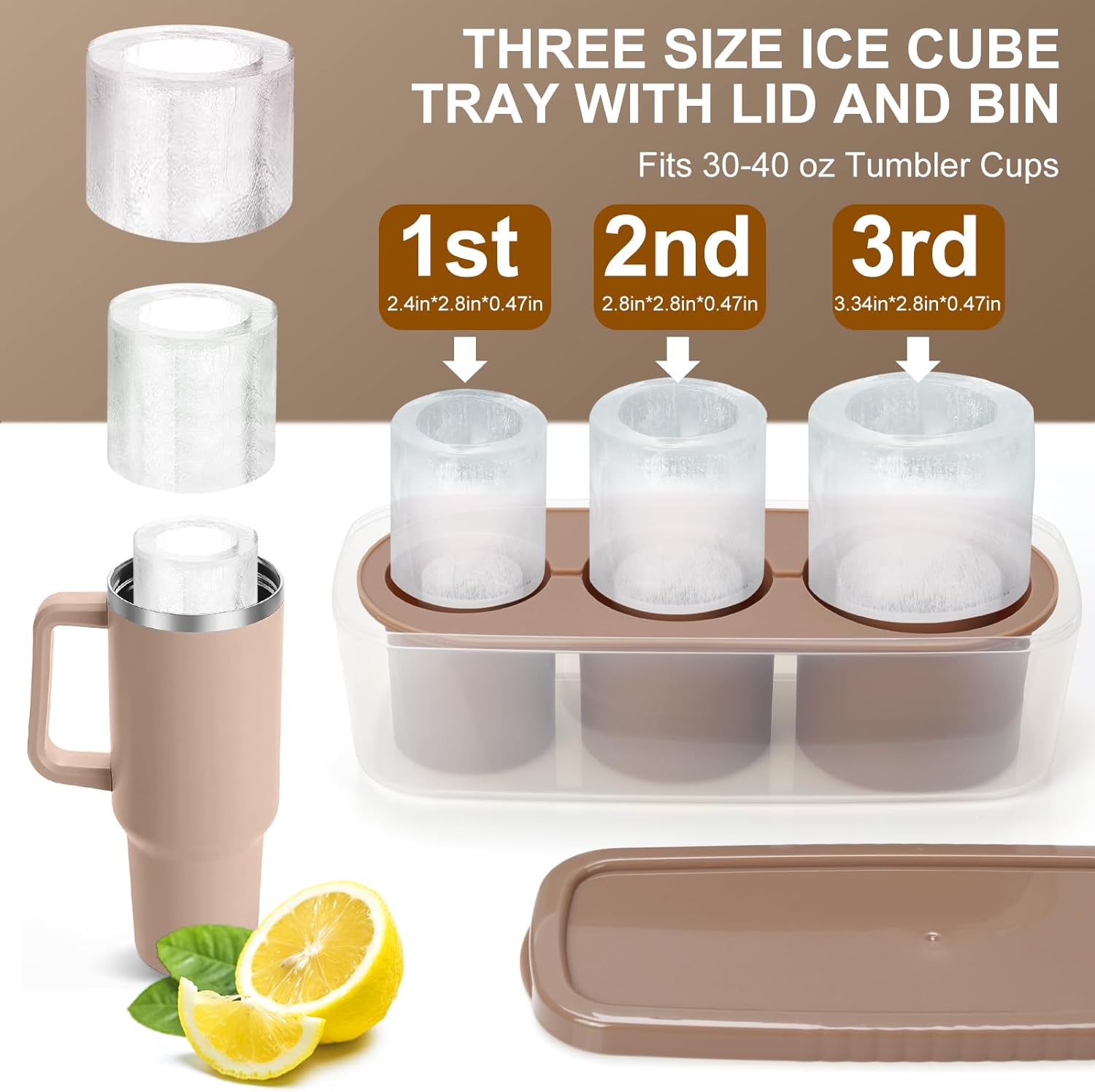 Ice Cube Tray for 20-40oz Tumbler Cup, 3pcs Large Silicone Cylinder Ice Cube Molds for Freezer, Ice Maker With Lid and Bin, Ice Drink, Juice, Whiskey, Chilling Cocktail, Tea, Coffee（Brown）