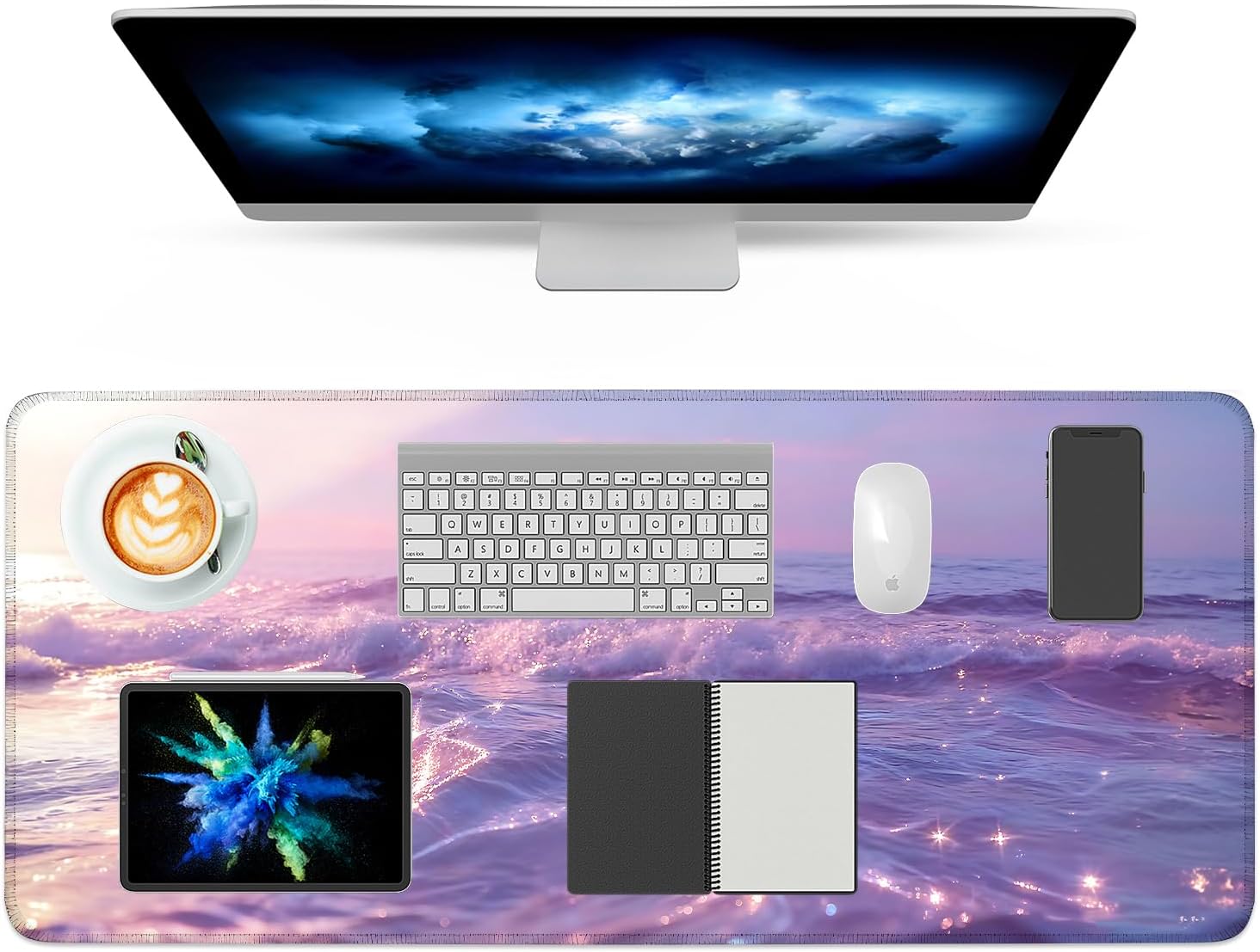 Ocean Wave Extended Gaming Mouse Pad,35.4 x 15.7 Inch Large Mousepad with Stitched Edges,Water-Resistant Desk Mat with Non-Slip Rubber Base for Gaming,Office,Home Office