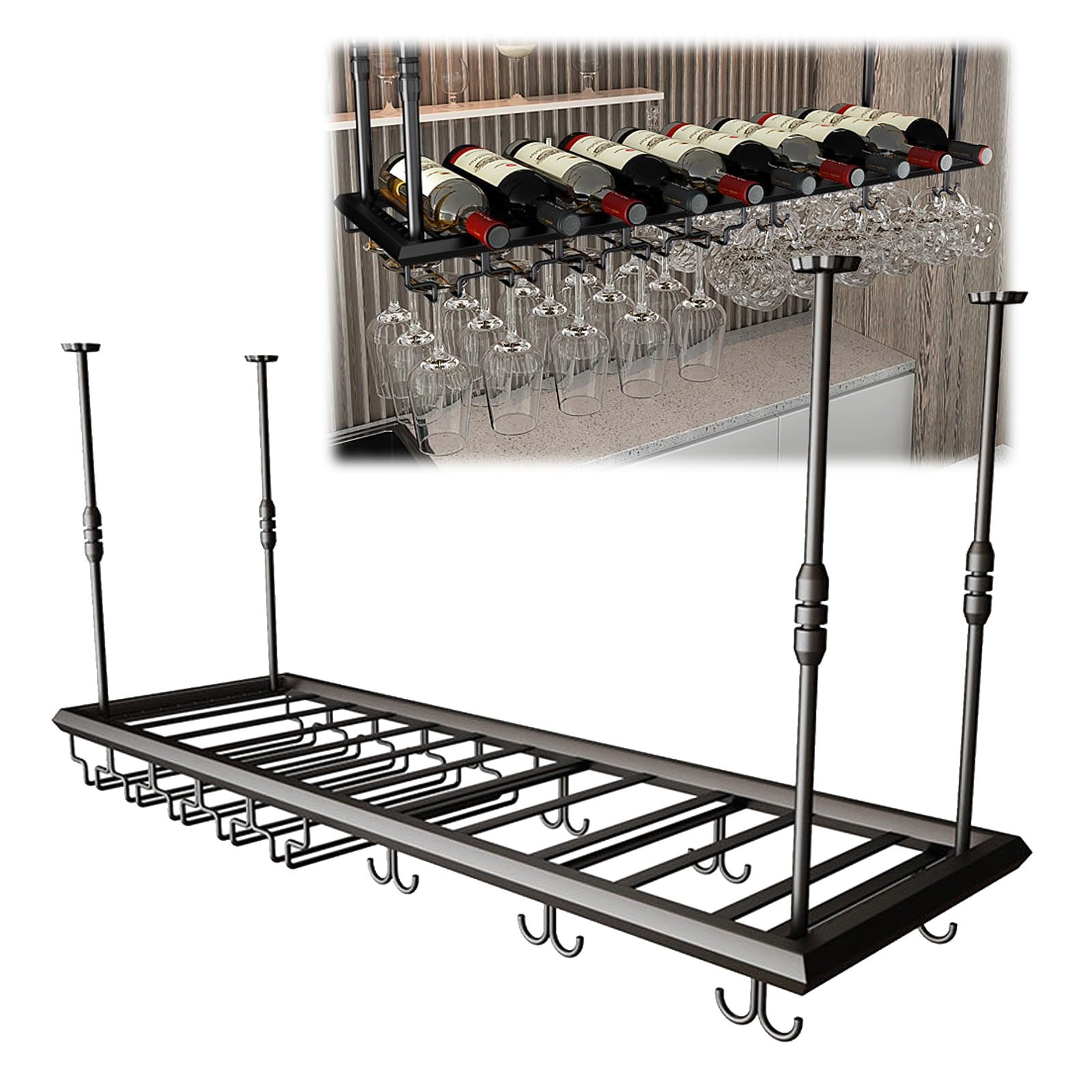 ASYJVWYZ Hanging Wine Rack With Stemware Glass Holder, Industrial Ceiling-Mounted Wine Bottle Organizer, Adjustable Bar Storage Shelf(Style B,100x30cm/39x12in)
