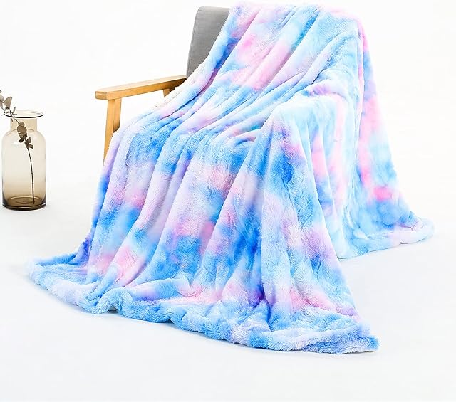 STYHO Tie-Dye Rainbow Sherpa Fleece Reversible Sofa Bed Single Blanket Ultra Soft Thick Fluffy Cozy Warm Blanket Throw(Blue-Pink,130 x 160cm)