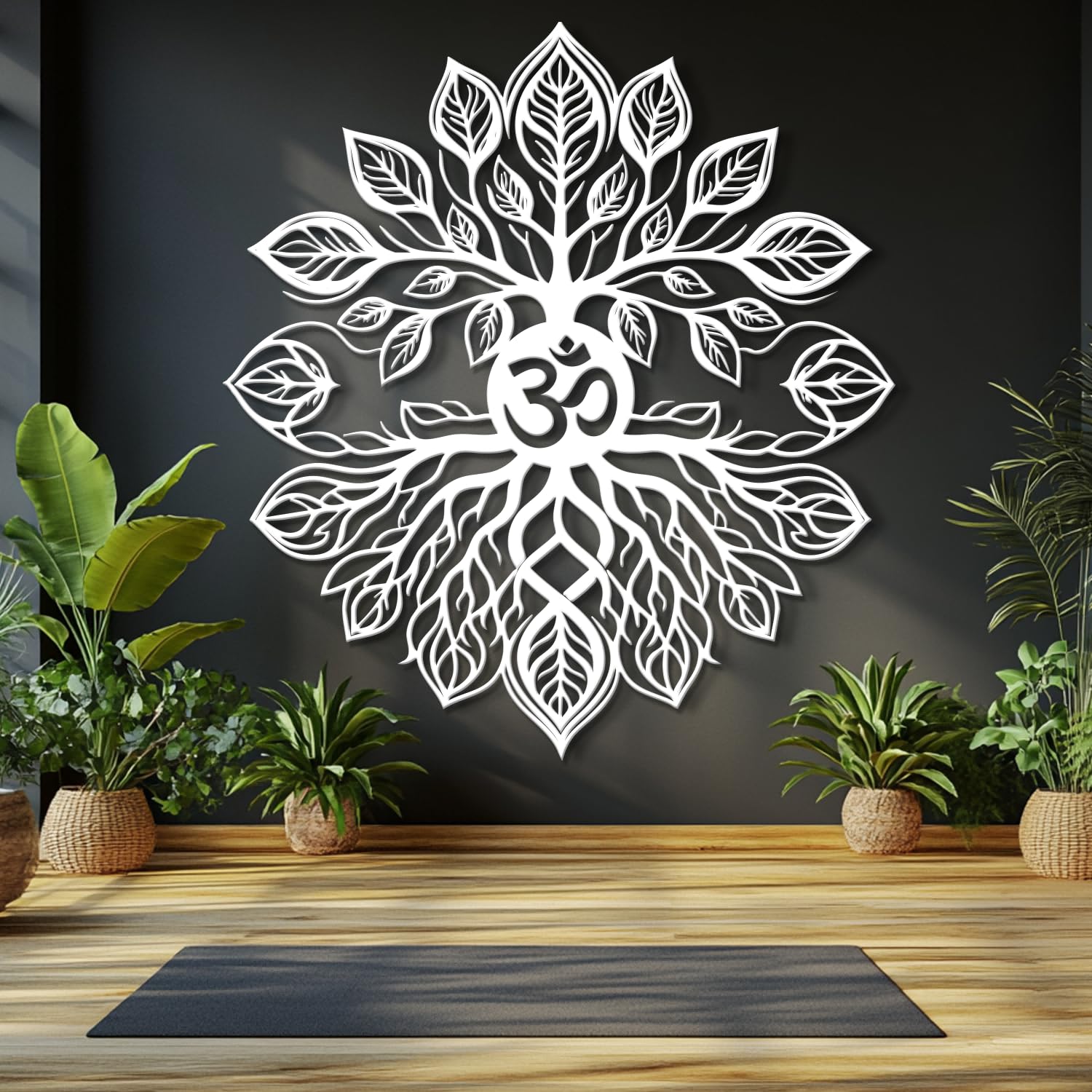 Décoration murale métal arbre de vie mandala blanc 90cm