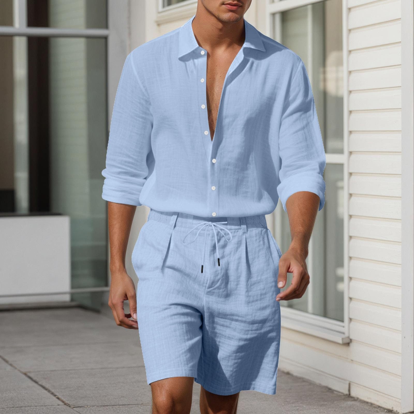 Traje de lino para hombre, camisa corta de verano y pantalones cortos, camisa de lino con botones, camisa de lino de gran tamaño, camisa de manga corta y pantalones cortos, traje informal de