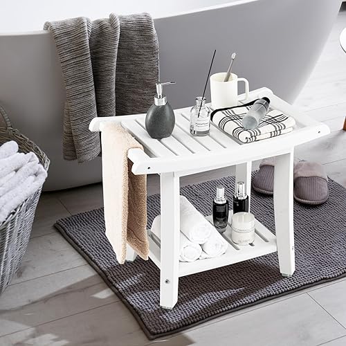 Miniatura 3 de GOFLAME Banco de ducha de 2 niveles, taburete de ducha de baño de spa con asiento curvo, 2 asas fáciles de agarrar, estante de almacenamiento y