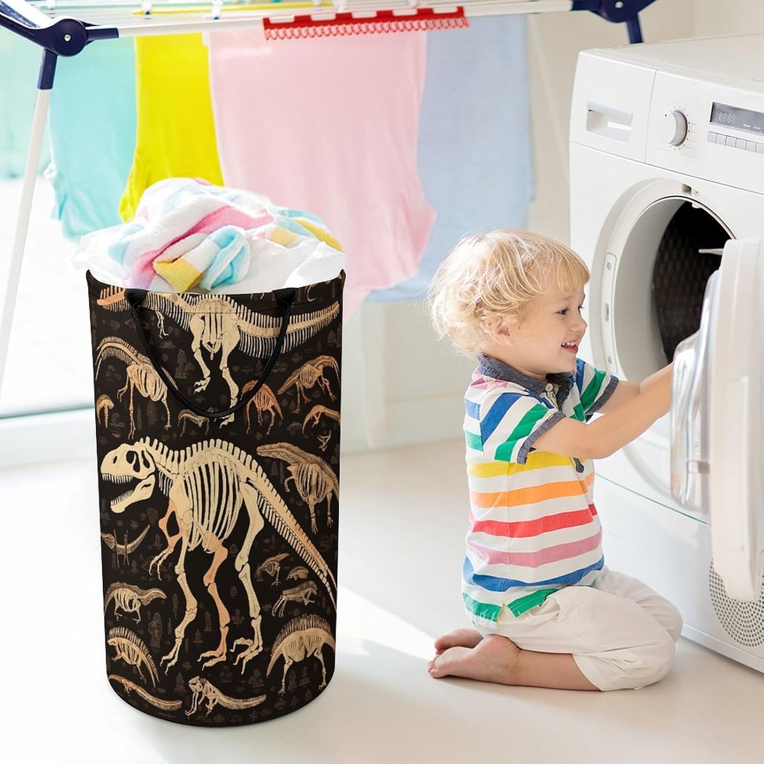 Dinosaur Skeleton Print Laundry Hamper Large Collapsible Laundry Basket with Handles Waterproof Clothes Hamper Portable Dirty Clothes Basket for Bedroom Laundry Room Closet Bathroom