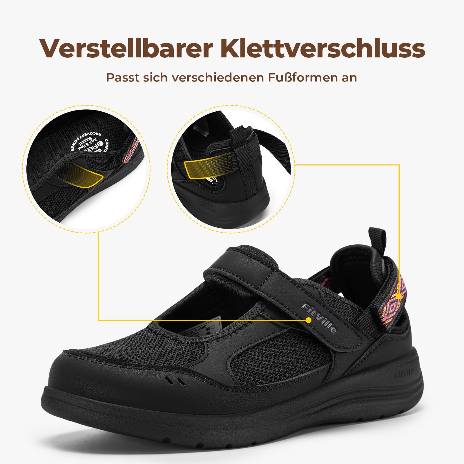 FitVille Extra Weite Mary Jane Sandalen Damen Sommerschuhe mit Klettverschluss Pflege Walking Schuhe Senioren Leicht Halbschuhe Senioren Atmungsaktive Freizeit Reise Vorne Geschlossen für Breite Füße