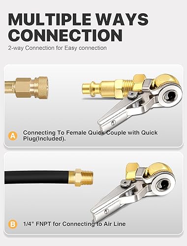 Miniatura 3 de LUMITECO Paquete de 2 portabrocas hembra NPT de bola cerrada de 14 pulgadas con clip, inflador de neumáticos de bloqueo con portabrocas de aire de