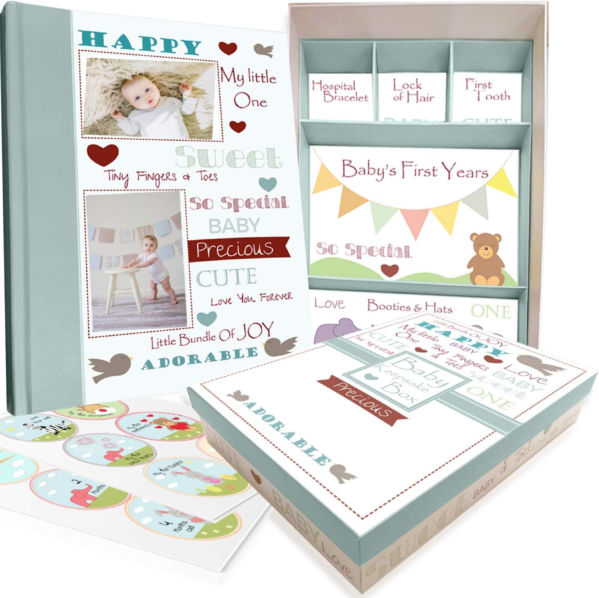 Next Mommy Baby Memory Book w/Keepsake Box & 30 Monthly & Baby First Milestone Stickers - Gender Neutral Scrapbook Album for Boys & Girls