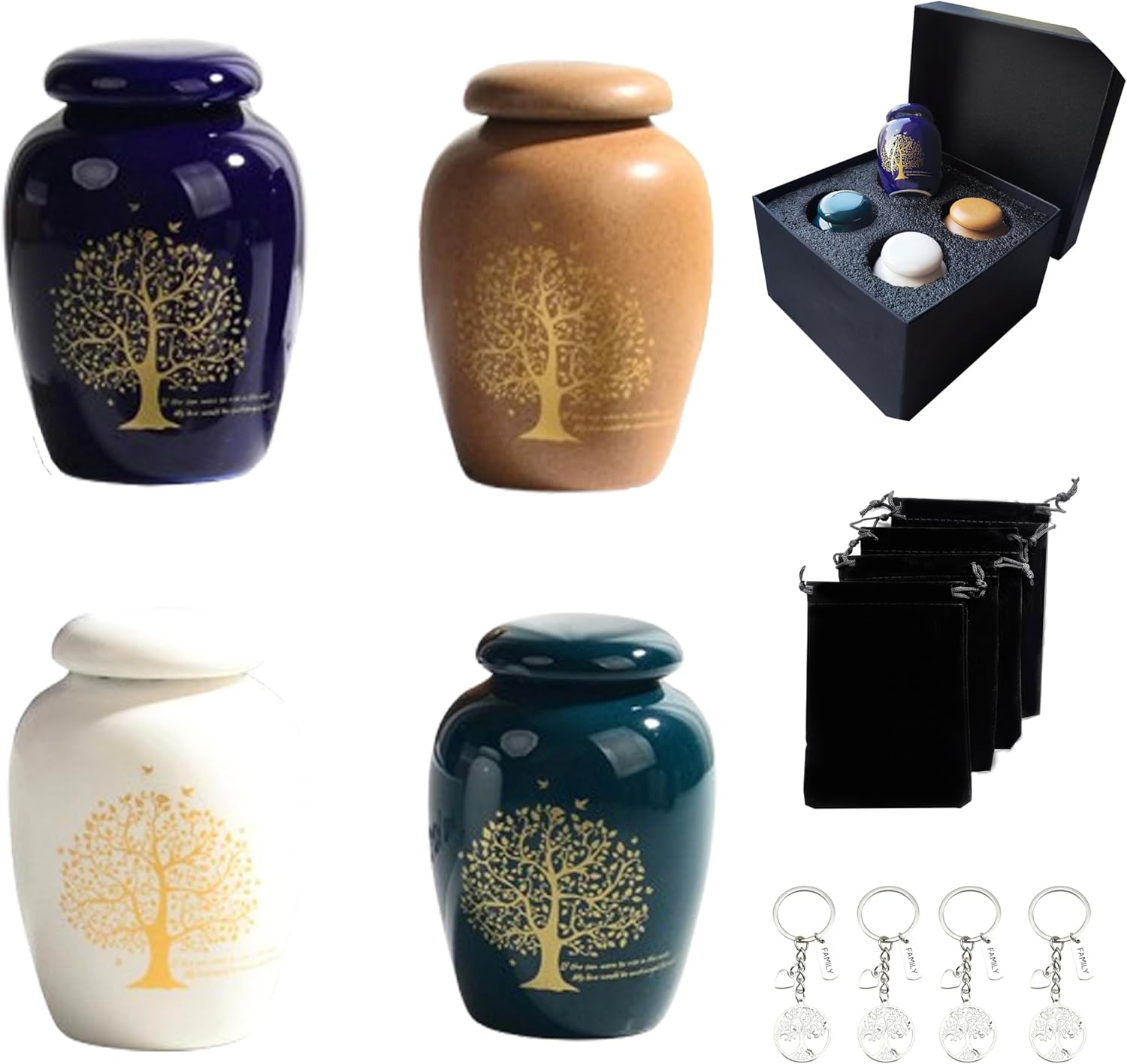 Small Ceramic Urns for Human Ashes Set of 4, Mini Keepsake Urns with Tree of Life Design, Elegant Memorial Decorative Urns Sharing with Families, 2" ×2.8", Tree