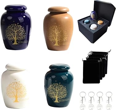 Small Ceramic Urns for Human Ashes Set of 4, Mini Keepsake Urns with Tree of Life Design, Elegant Memorial Decorative Urns Sharing with Families, 2" 2.8", Tree