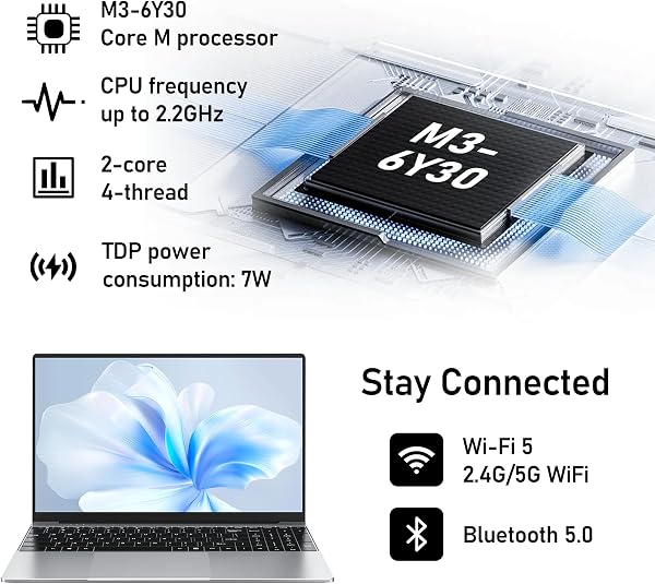 Ordinateur Portable, 2026 Laptop Win11 15,6 Pouces, 16 Go de RAM, 512 Go SSD,PC Portable M3-6Y30, IPS FHD 1920 x 1080 Notebook,Ouverture à 180°,5000 mAh,Emplacement pour Carte TF, étudiant - 2