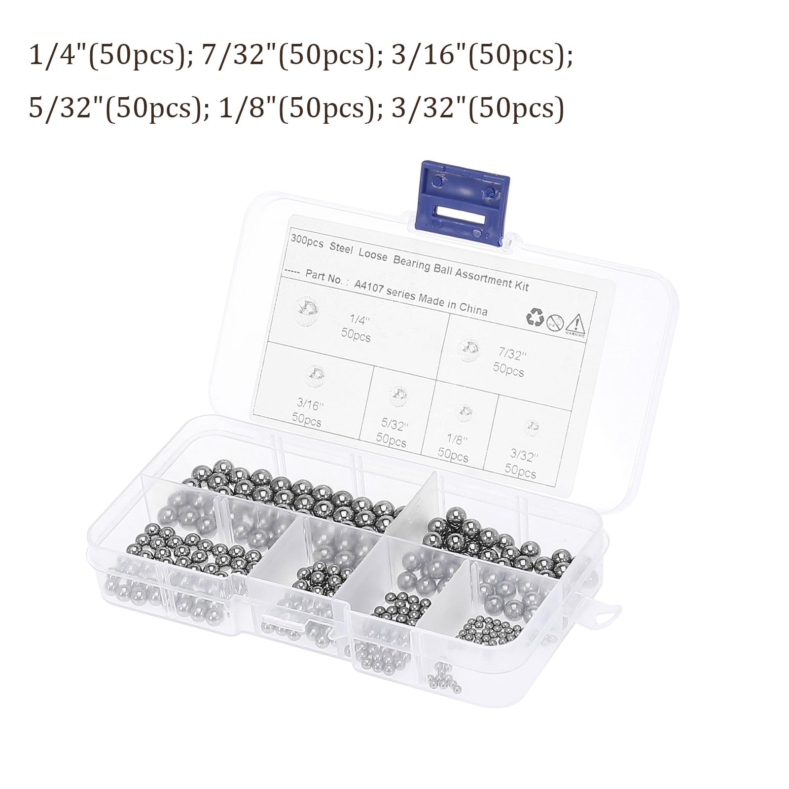 300pcs Précision Billes - [1/4" 7/32" 3/16" 5/32" 1/8" 3/32"] 6 Tailles Carbone Acier pour Roulements Vannes Utilisation, Solide