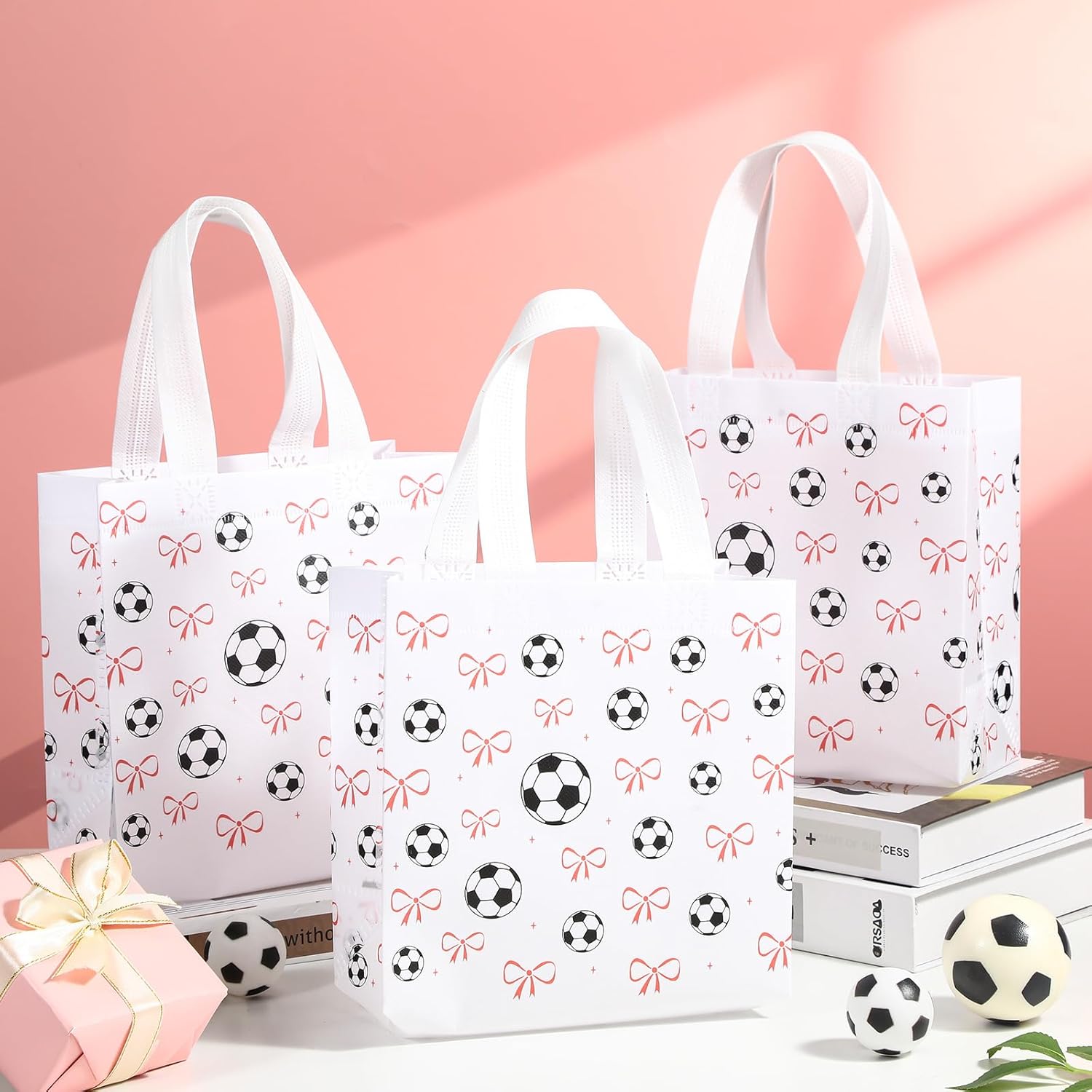 Sweetude 24 Pcs Soccer Gift Bags Bulk with Handle Pink Bow Tote Sports Non Woven Sports Party Favor Gift Bag 7.9 x 7.9 Inch Party Favor Treat Candy Bags Supplies Bulk for Birthday Team Snack - Image 3