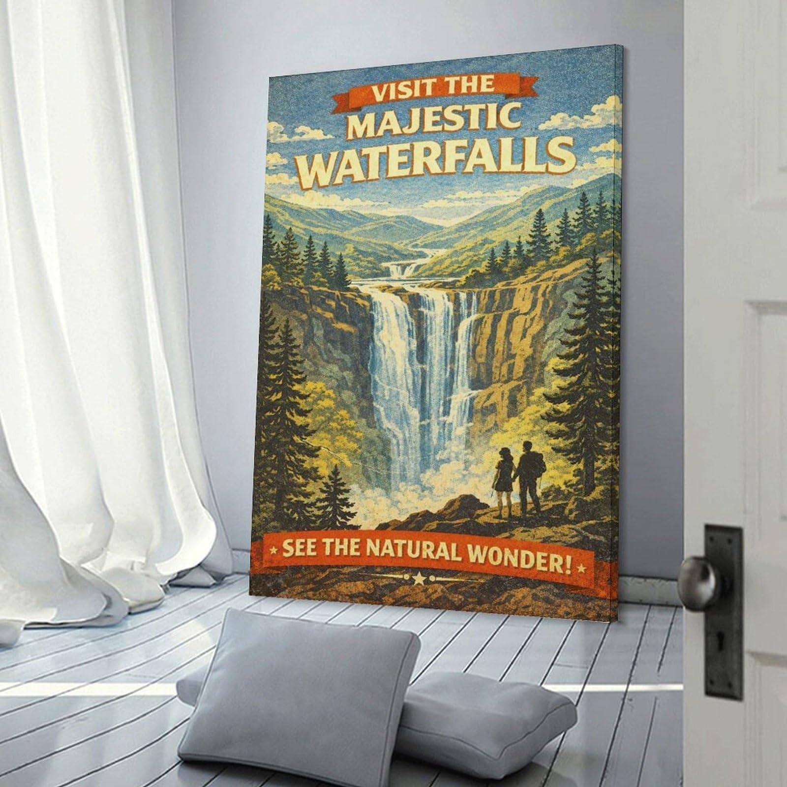 Junmoney Majestic Waterfalls Vintage Travel Canvas Wall Art 20x30inch(50x75cm), for Study, Office Or Focused Interiors, Home Office Artwork with Decorative Appeal