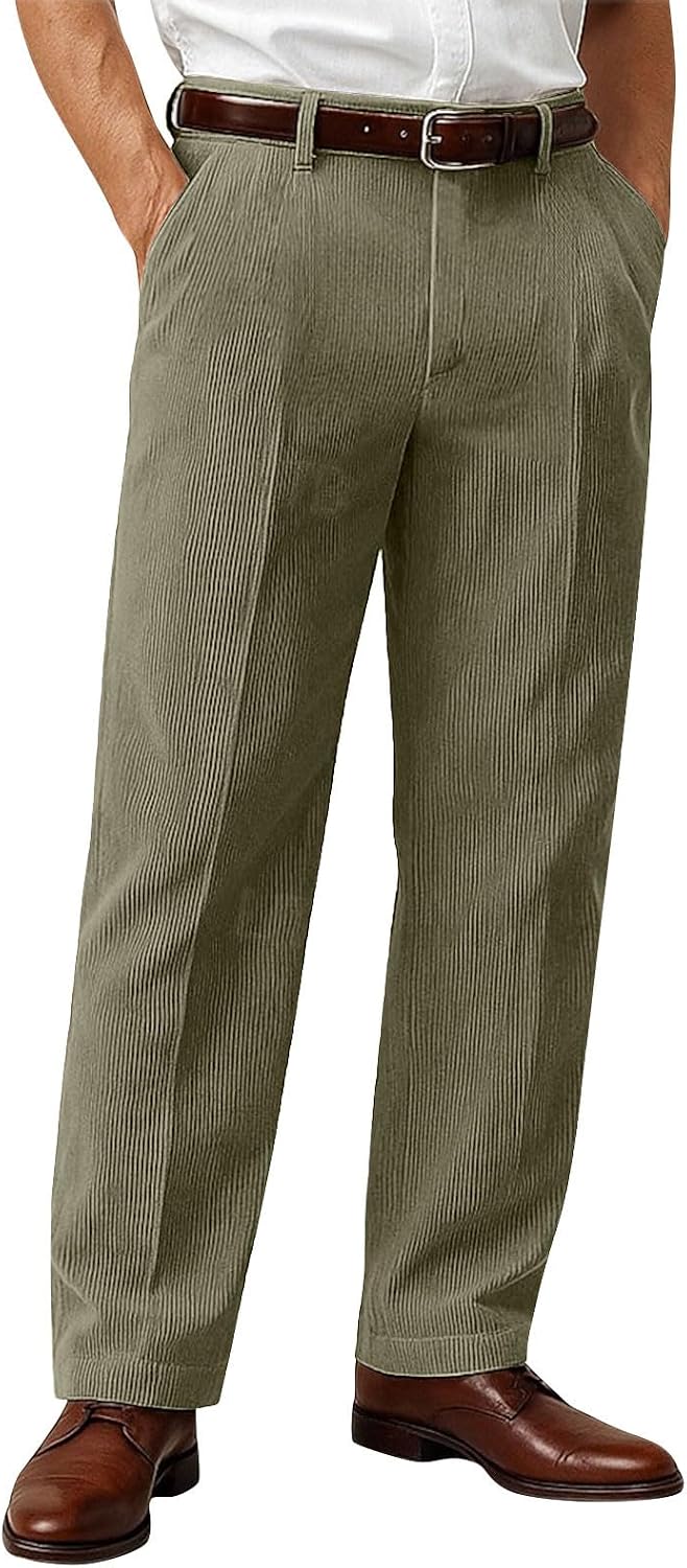 Corduroy Dress Pants for Men, Pleated Front Casual Business Regular Fit Work Trousers with Pocket