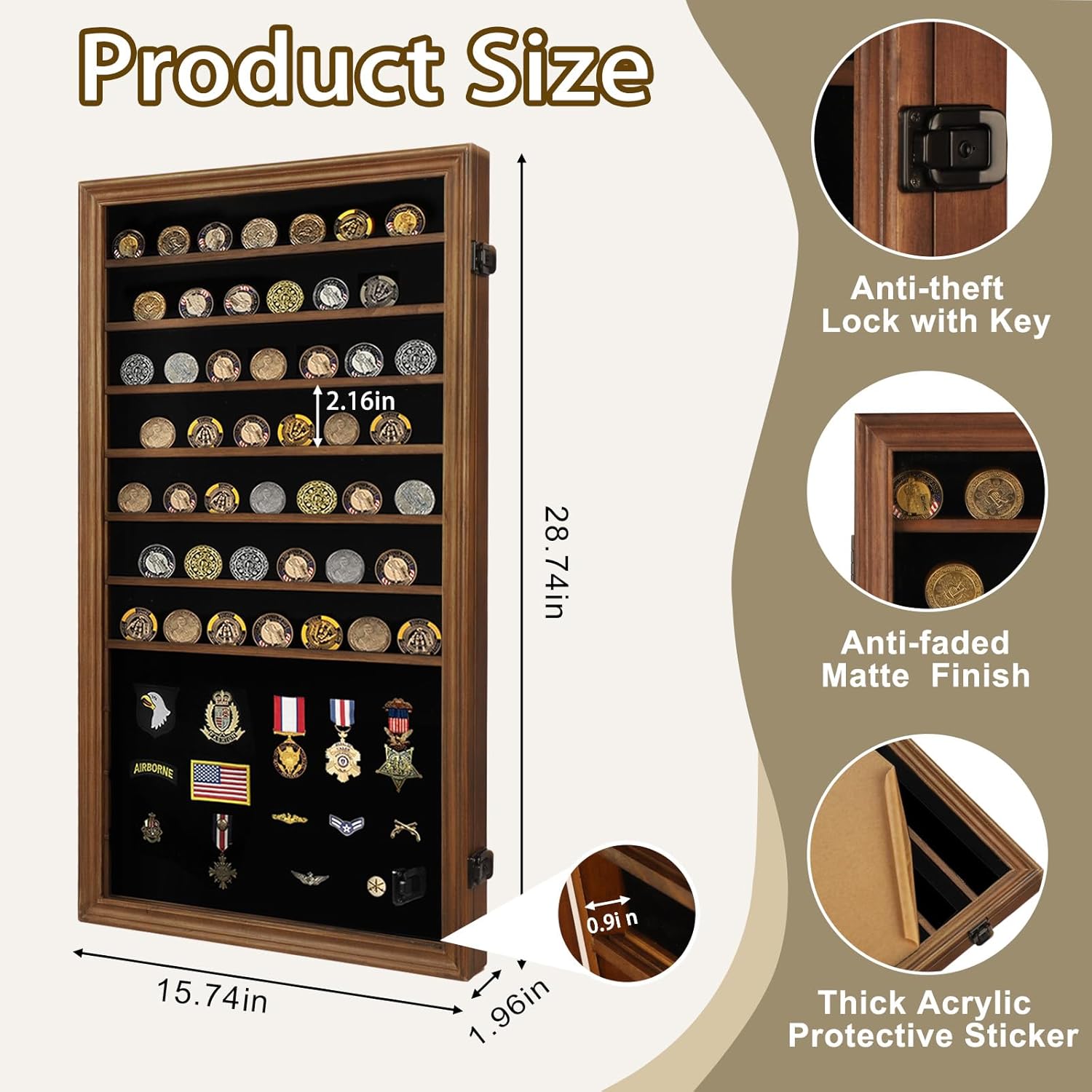 jinchuan military challenge coin display case lockable cabinet rack shadow box with removable 2 grooves shelves and anti fade acrylic glass for casino poker chips collectibles, extra large - walnut extra large - walnut without led 1 pack