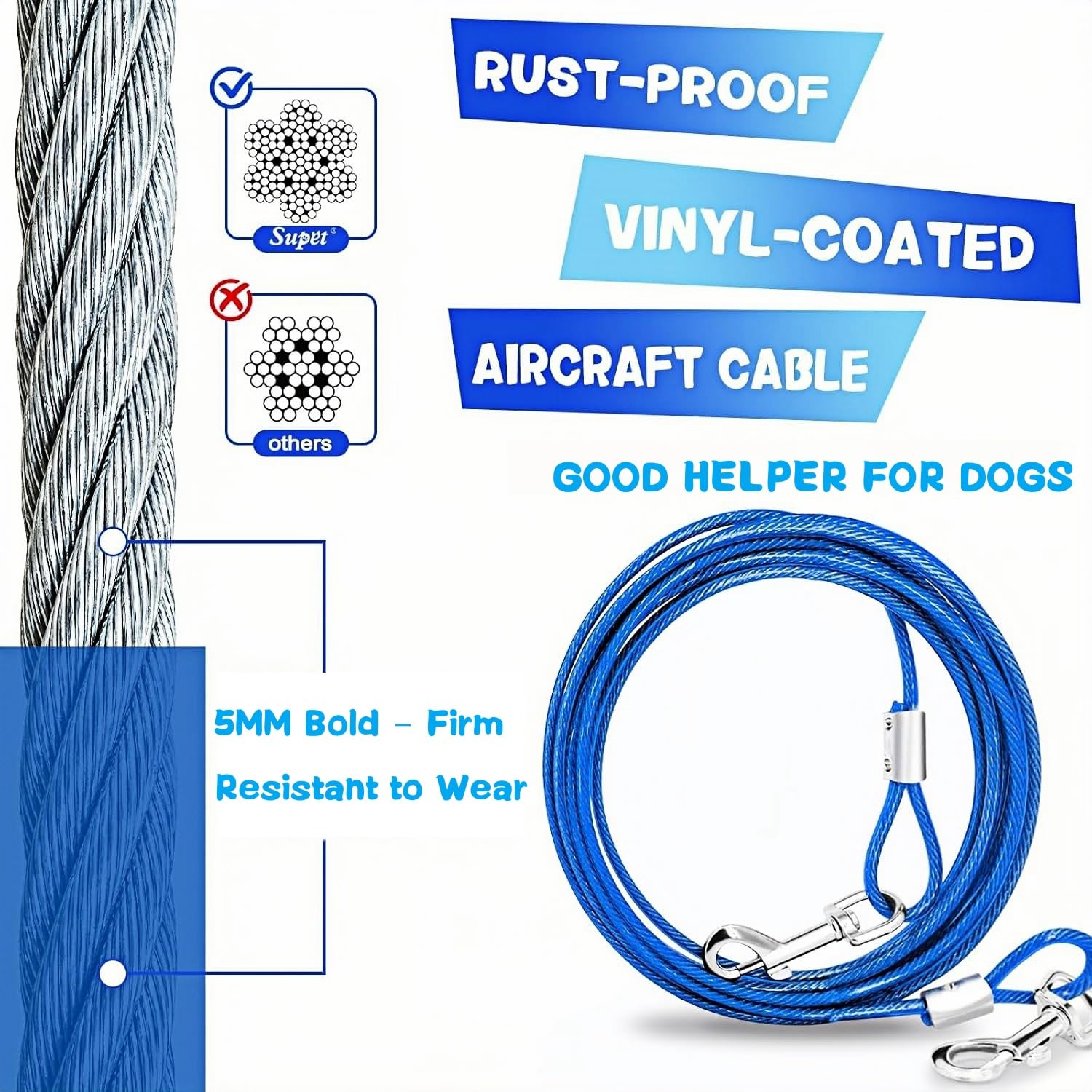 Piquet de pose pour chien avec laisse de 3 m, ancrage solaire pour extérieur, bleu