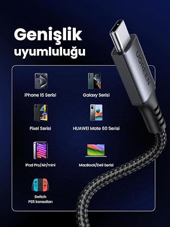 UGREEN USB C Şarj Kablosu 60W Siyah Naylon USB C - USB C Kablosu PD 3.0 PPS iPhone 15 Pro Max Galaxy S23 S22 S21 A54 A34 A14 iPad Pro 12.9 iPad Air 5/Mini 6, Pixel 7 Pro vb. ile uyumludur. (2M)