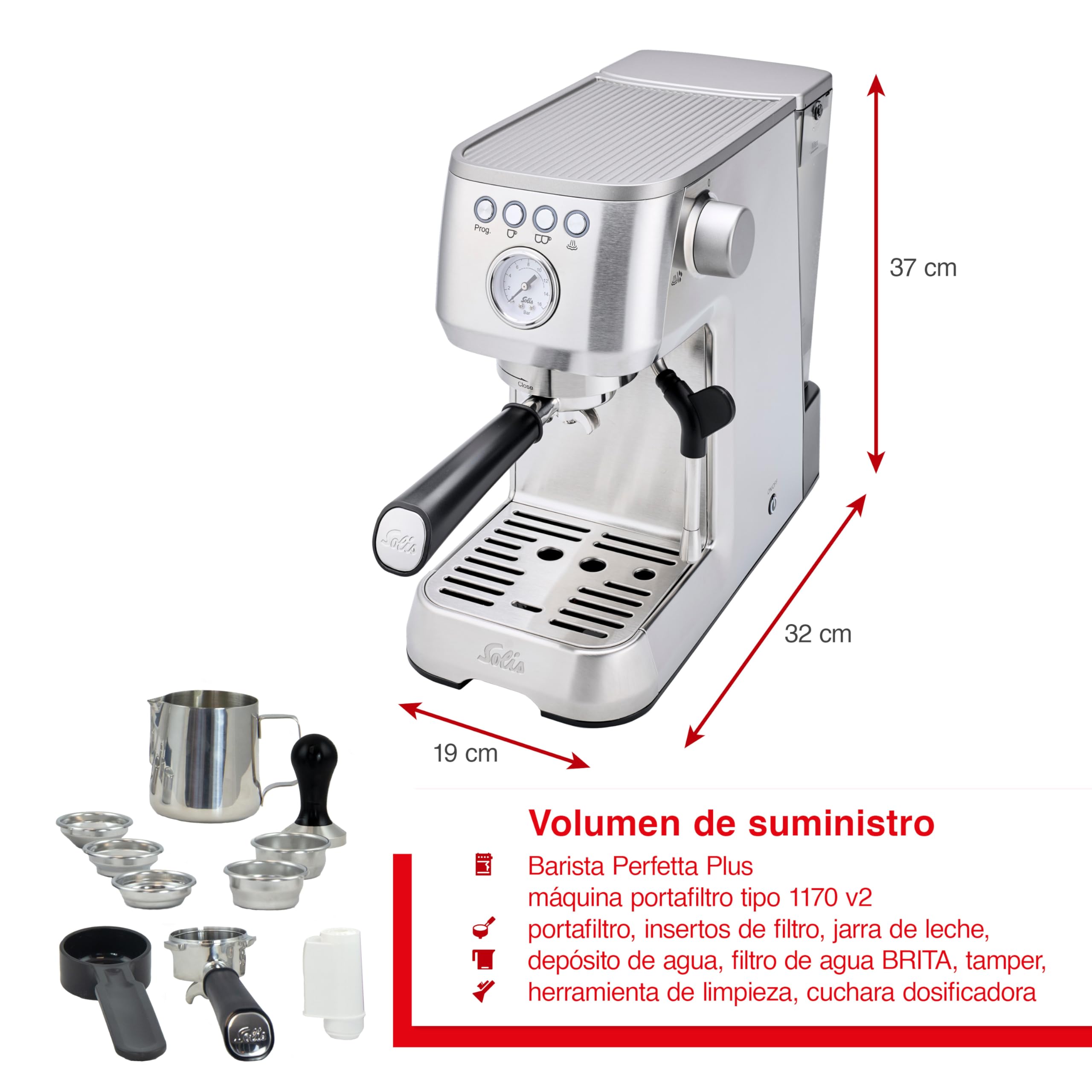 Solis Barista Perfetta Plus 1170 V2 Cafetera Express Automática - Máquina de Café Espresso - 15 Bar - 1.7L - Acero Inoxidable - Plata