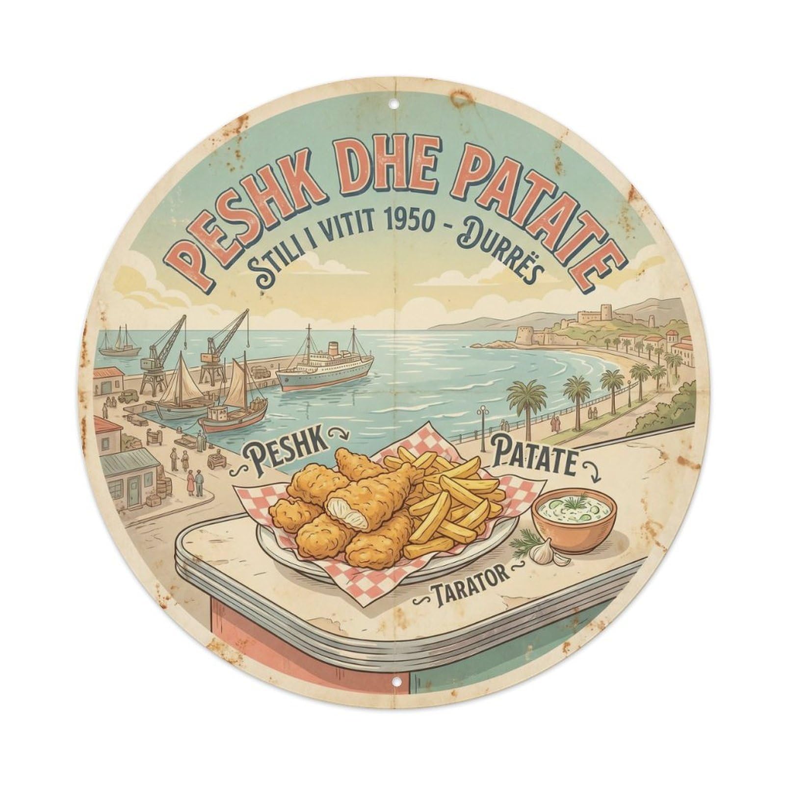 Albania Harbor Fish Chips Heritage Cuisine Metal Tin Sign