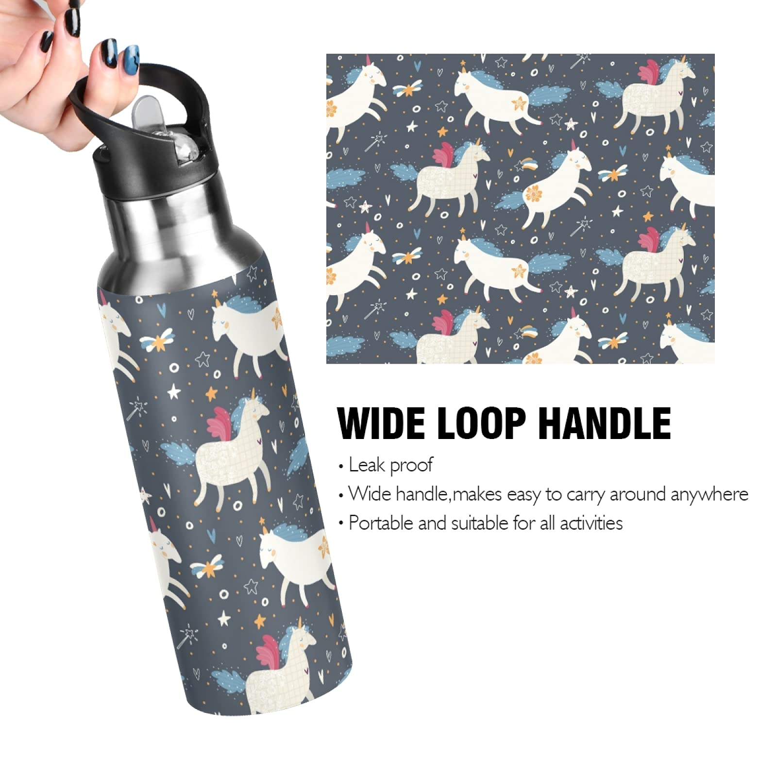 Vnurnrn Arte Simpatico Regalo Animale Cavallo Bottiglia Acqua Acciaio Inox, Isolato Borraccia Termica Senza BPA 600ML per Bevande Calde e Fredde per Bambini Sport Ciclismo Scuola