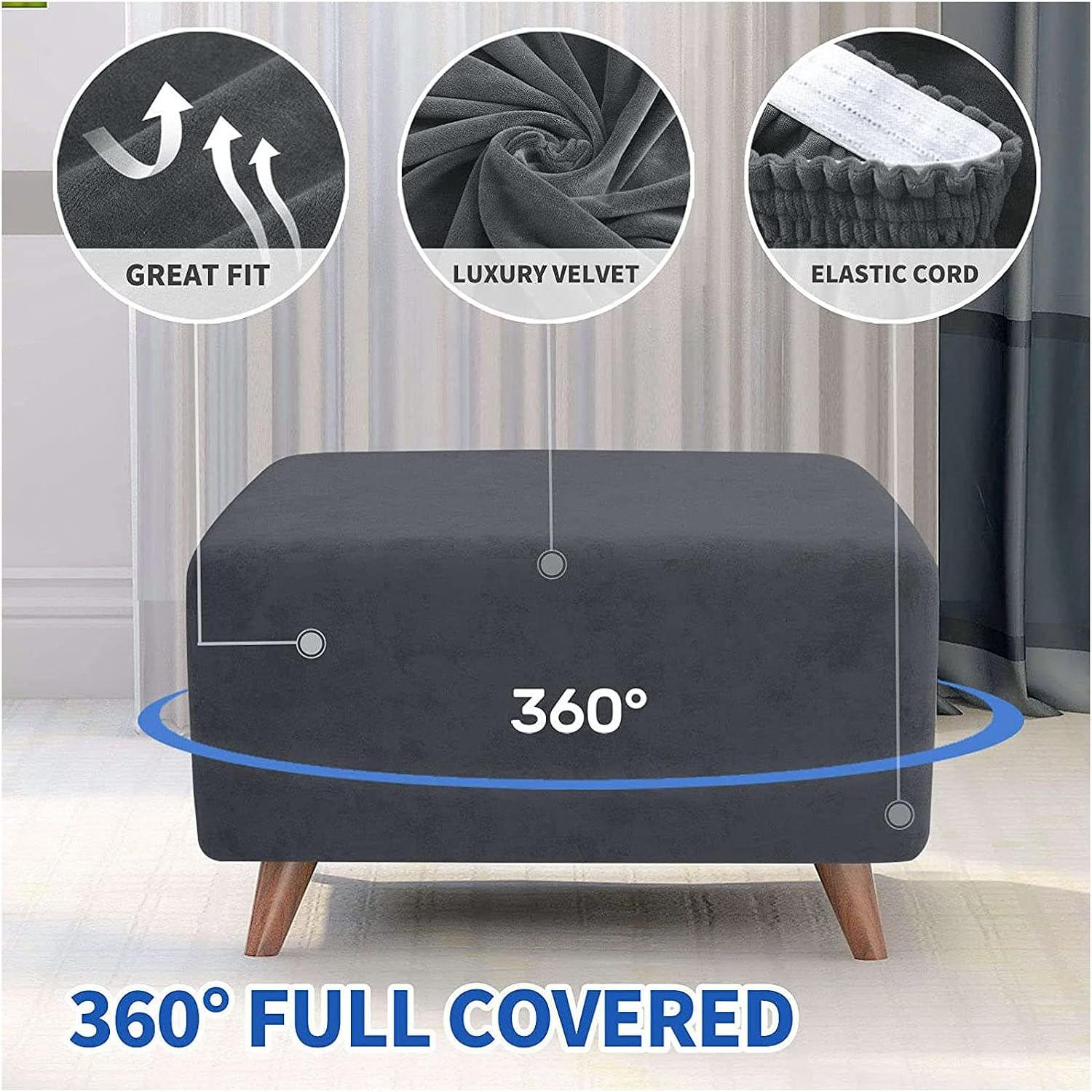 Konsilsa Square Velvet Plush Ottoman Covers,Ottoman Slipcover Square Footstool Protector Covers Storage Stool Ottoman Covers Stretch with Elastic Bottom (Color : Dark Gray, Size : X-L)