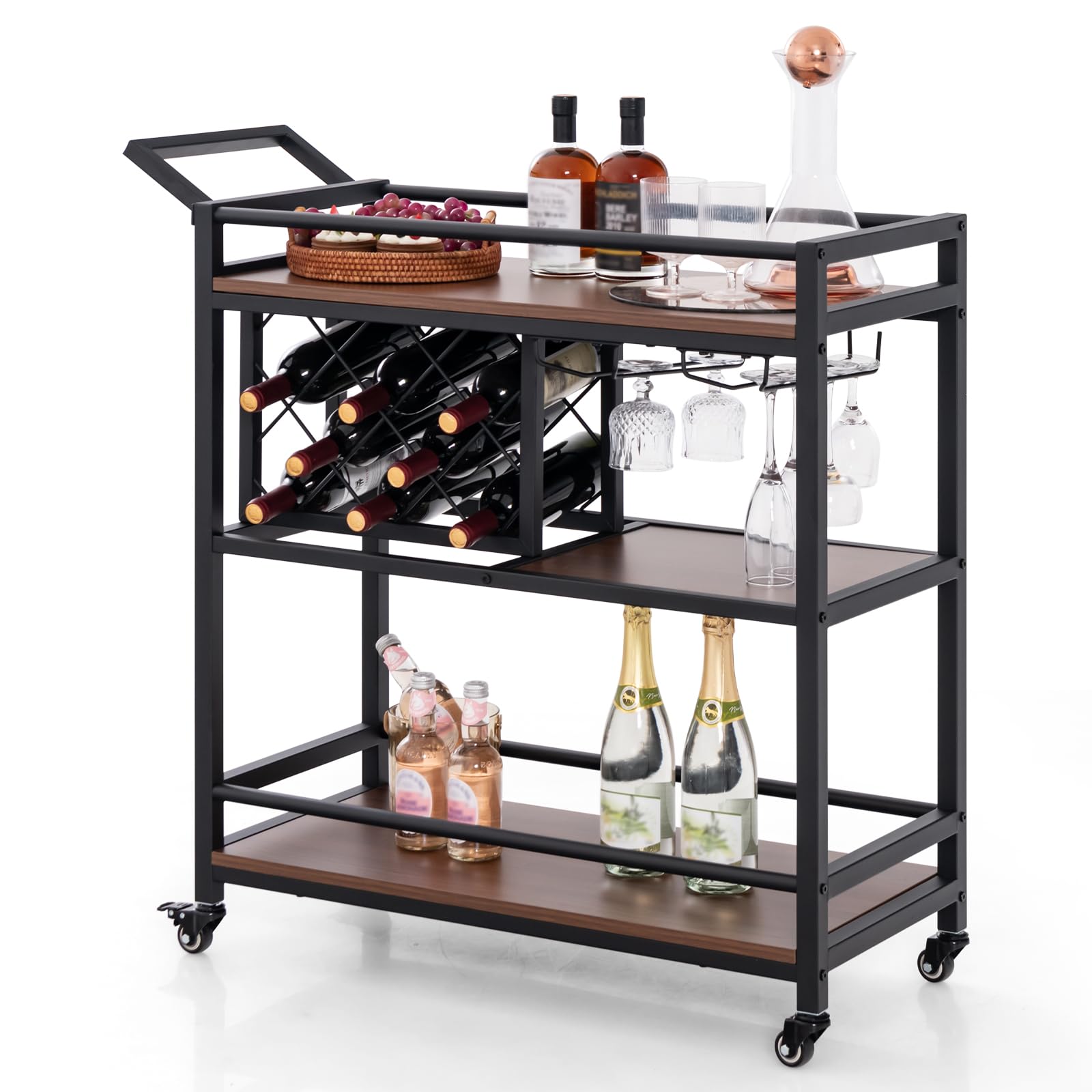 COSTWAY Serving Trolley on Wheels, 3-Tier Rolling Bar Cart with Wine Rack, Glass Holder and Convenient Handle, Industrial Drinks Storage Trolley for Home Kitchen Bar, 91 x 36 x 92cm (Brown)