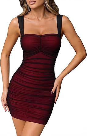 OQQ Womens Ruched Mesh Bodycon Mini Dress Square Neck Sleeveless Tummy Control Night Out Club Dresses