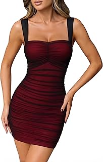 OQQ Women’s Ruched Mesh Bodycon Mini Dress Square Neck Sleeveless Tummy Control Night Out Club Dresses