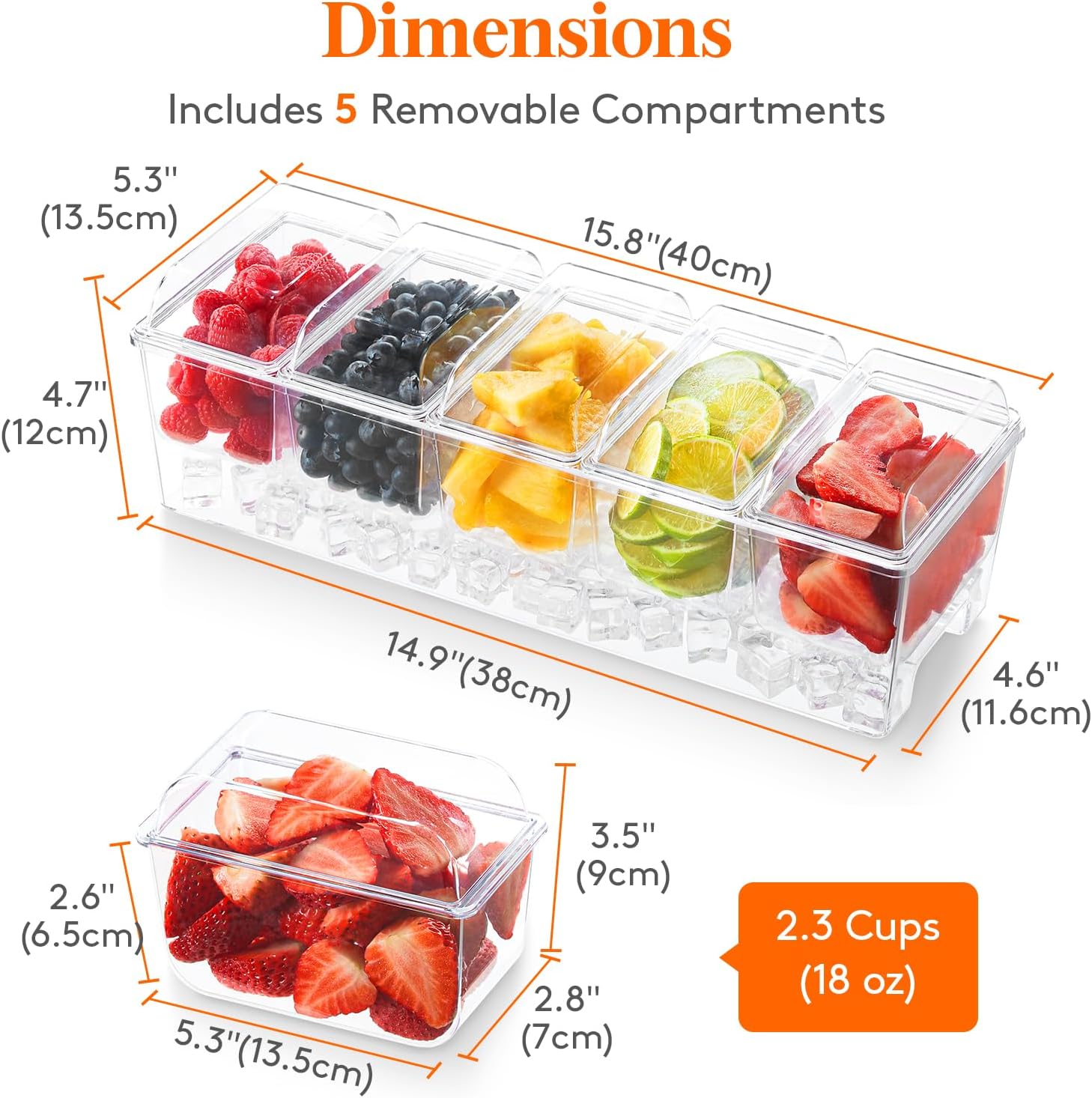 Lifewit Ice Chilled Condiment Caddy with 5x20 oz Containers, Condiment Server with Separate Lid, Serving Tray Platter with Removable Dishes for Bar Fruit Salad Taco Party Garnish, 39 x13cm/15x5