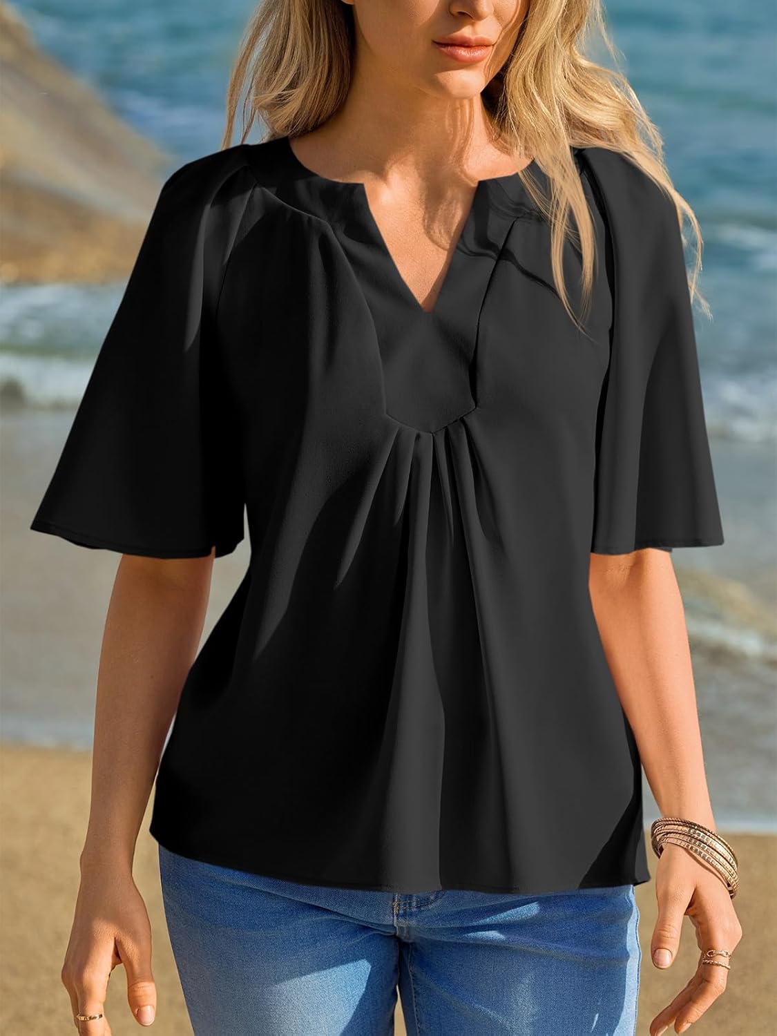 Cicy Bell Womens Summer Blouses Bell Short Sleeve V Neck Babydoll Flowy Tops Dressy Casual Loose Fit Beach Pleated Shirts - Image 2