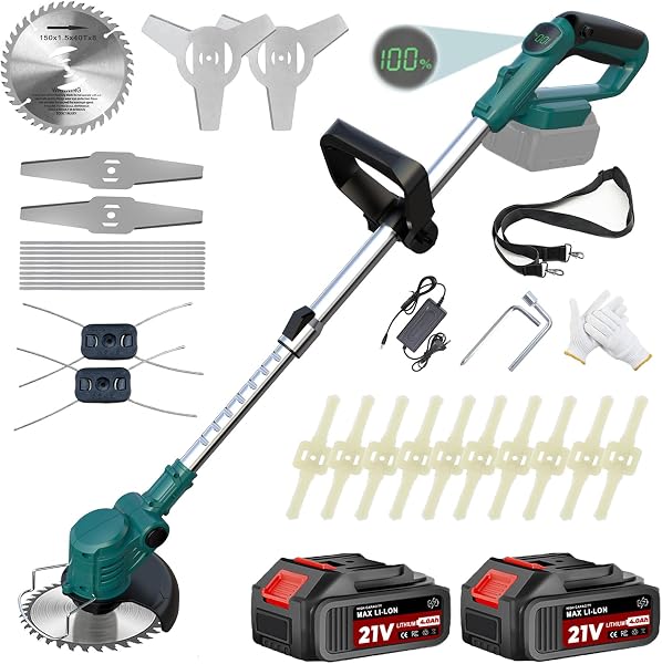 Débroussailleuse sans fil télescopique 21V, largeur de coupe 15 cm, 3 en 1, lot de 2 batteries