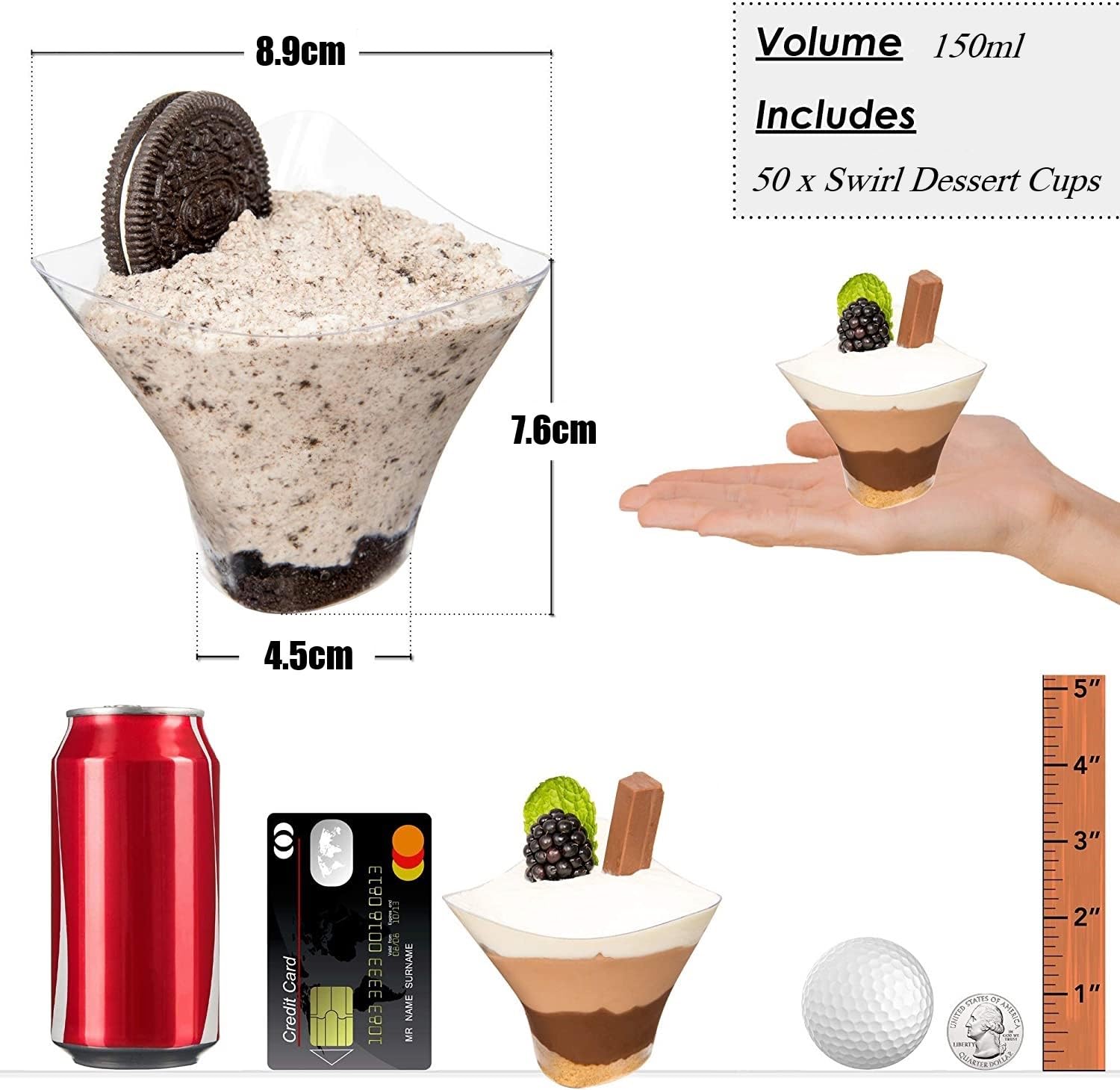 LIUCONGBD 50 stuks dessertglazen, plastic, met 50 stuks deksels & lepels, vierkante dessertkopjes, dessertkommen, herbruikbare bekers voor mousse, pudding, ijs, feest picknick (5OZ/150ML