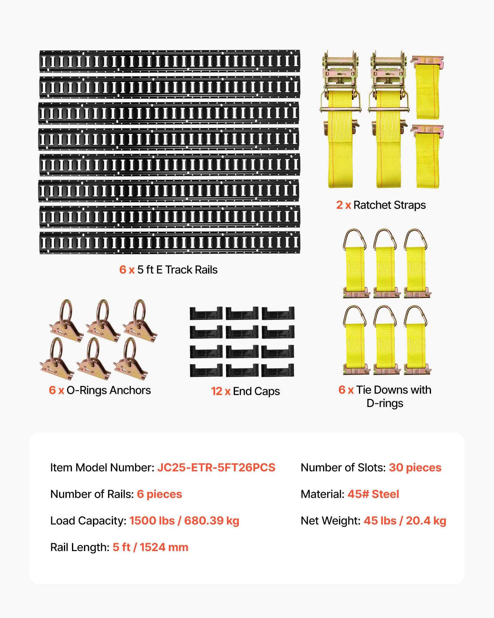 VEVOR Kit Rails Arrimage E-Track, 6 Rails E Track de 1,5 m, 26 Accessoires Comprenant 2 Sangles à Cliquet, 6 Joints Toriques, 6 Attaches avec Anneau en D, 12 Embouts, pour Fourgons Remorques Garages