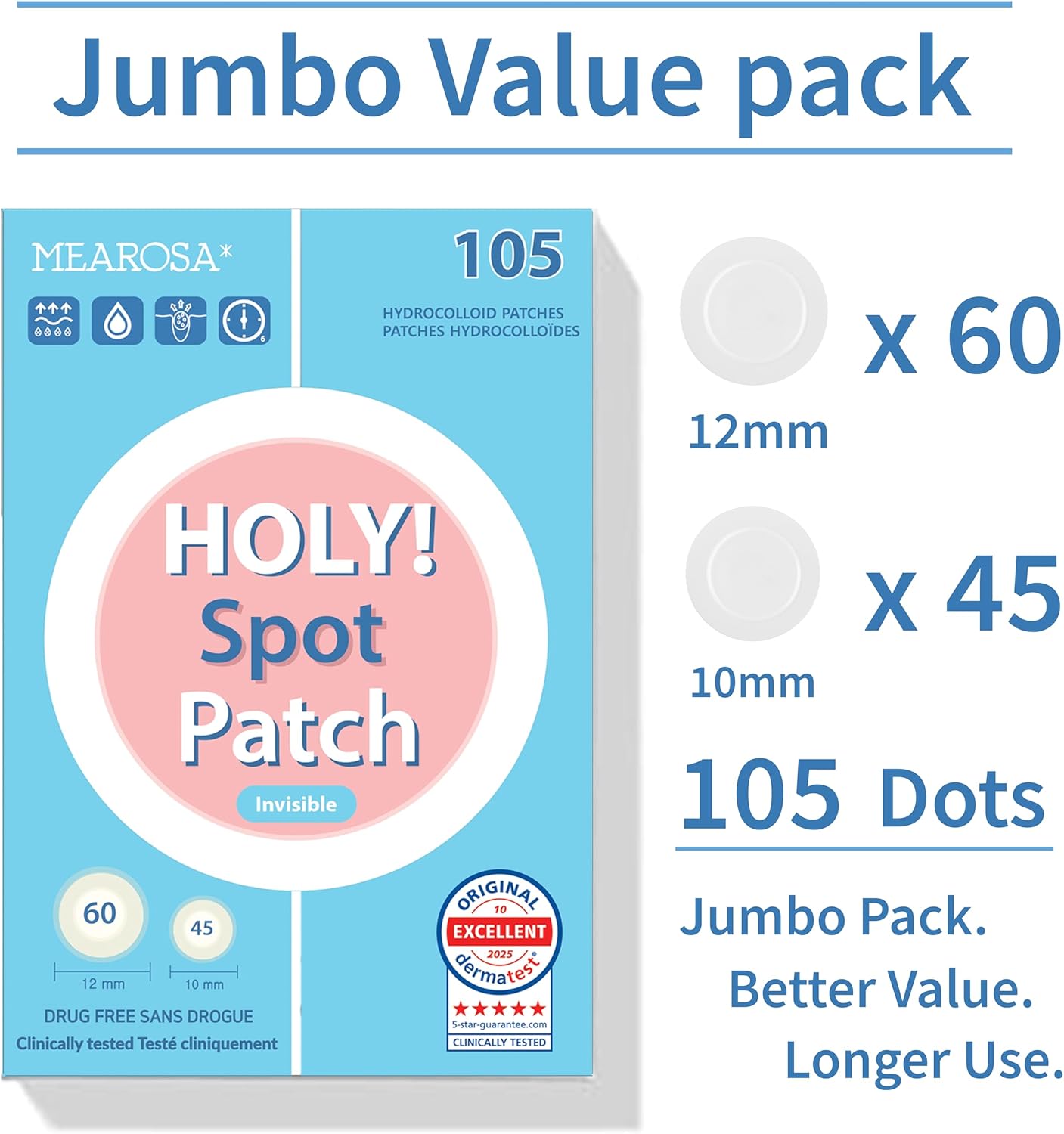 MEAROSA Pimple Patches HOLY! SPOT Patch (105 Dots, 2 Sizes) – Ultra Thin Invisible Hydrocolloid Pimple Patch Acne Cover, Absorbing Covers, Day & Night Blemish Patches